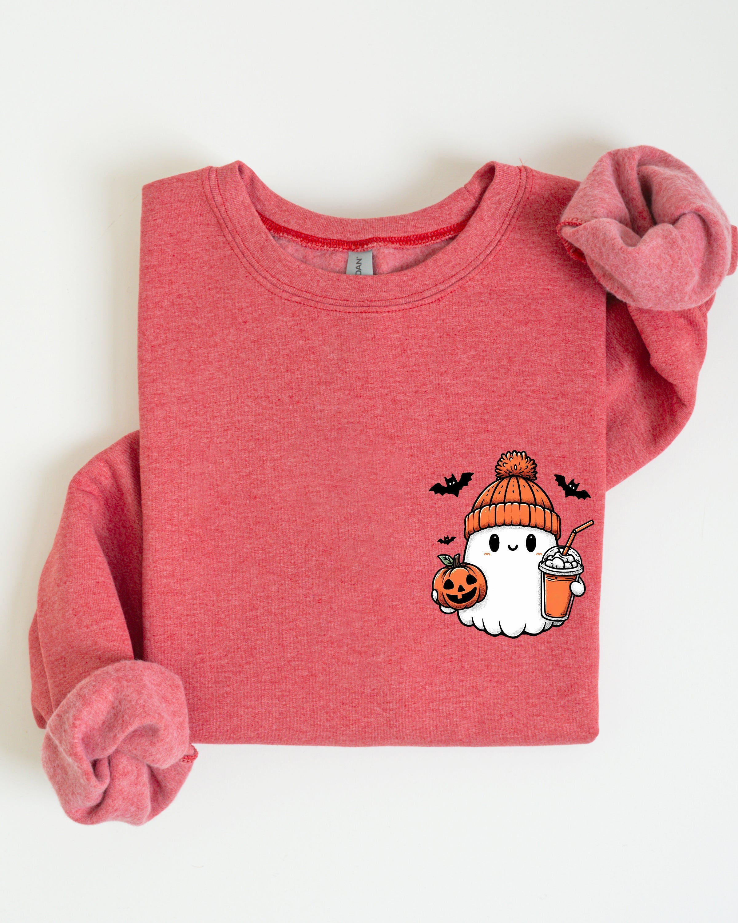Cute Orange Ghost Pocket Print Halloween Coffee Bats Cozy Nights Adventure Cozy Autumn Spooky Mood Sweatshirt