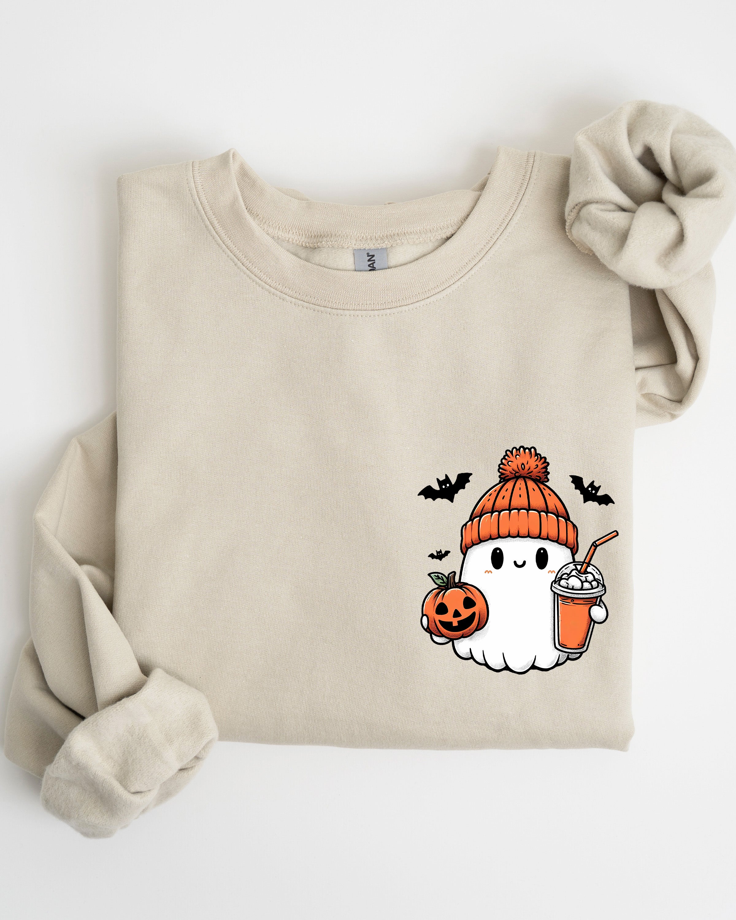 Cute Orange Ghost Pocket Print Halloween Coffee Bats Cozy Nights Adventure Cozy Autumn Spooky Mood Sweatshirt