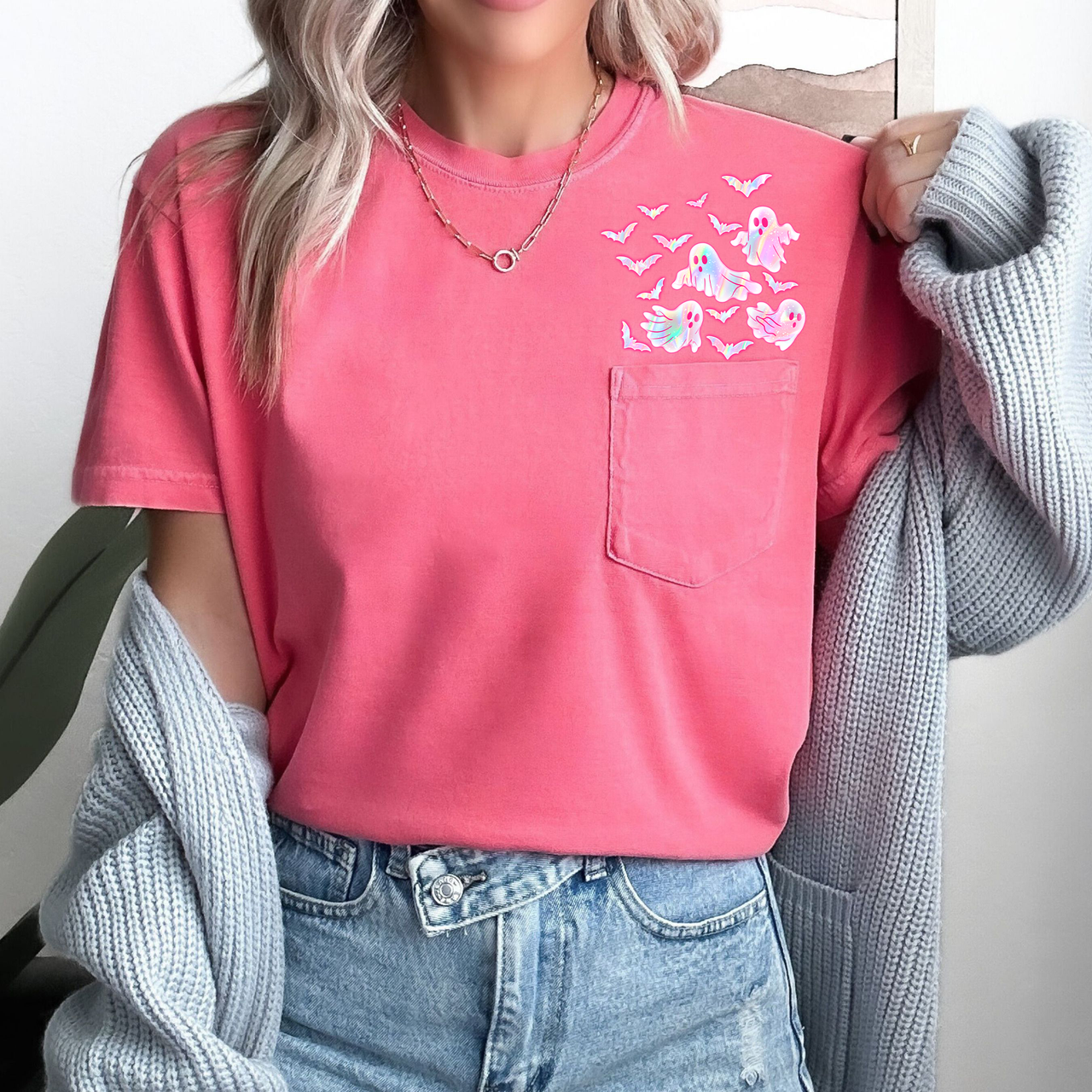 Cute Pastel Ghosts Pocket Print Halloween Night Edition Cozy Whimsical Ghost Design Comfort Colors Tee