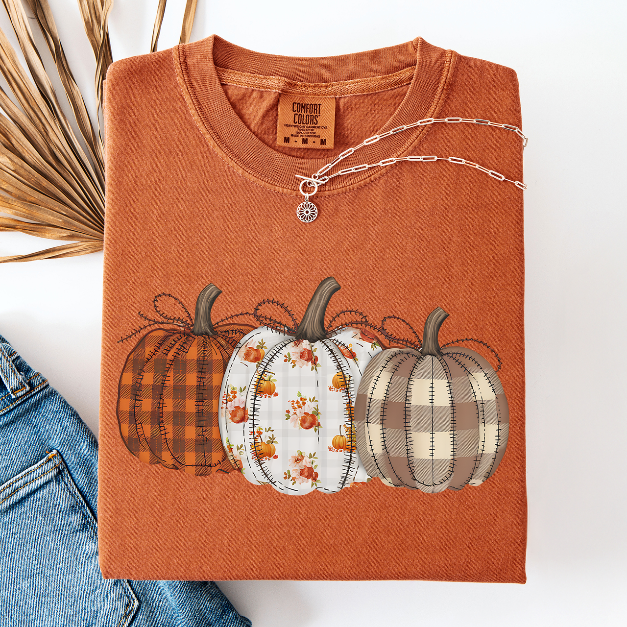 Cute Patterned Pumpkins Halloween Autumn Plaid Cozy Festive Seasonal Comfort Colors Tee