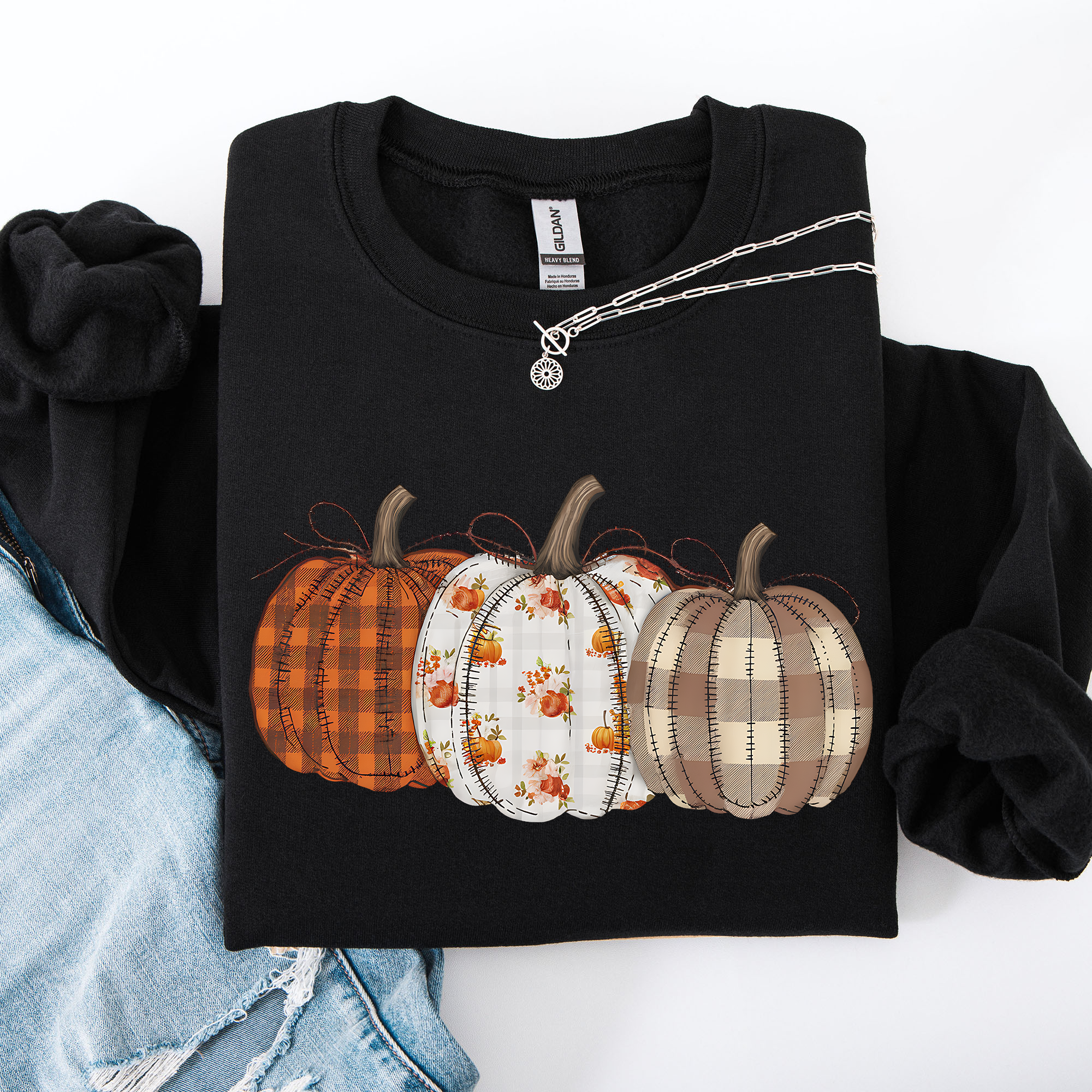Cute Patterned Pumpkins Plaid Patchwork Print Halloween Autumn Season Edition Sweatshirt