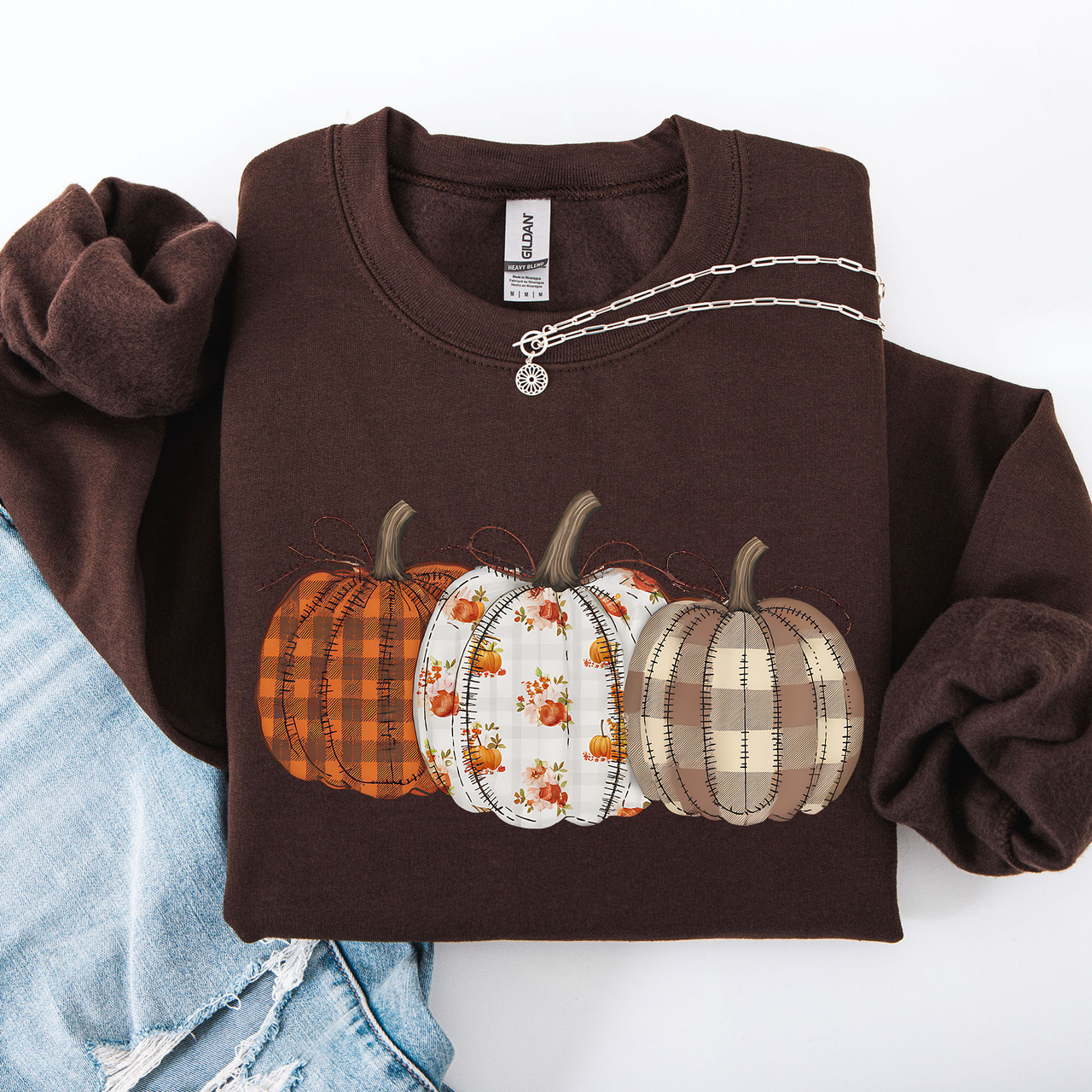 Cute Patterned Pumpkins Plaid Patchwork Print Halloween Autumn Season Edition Sweatshirt