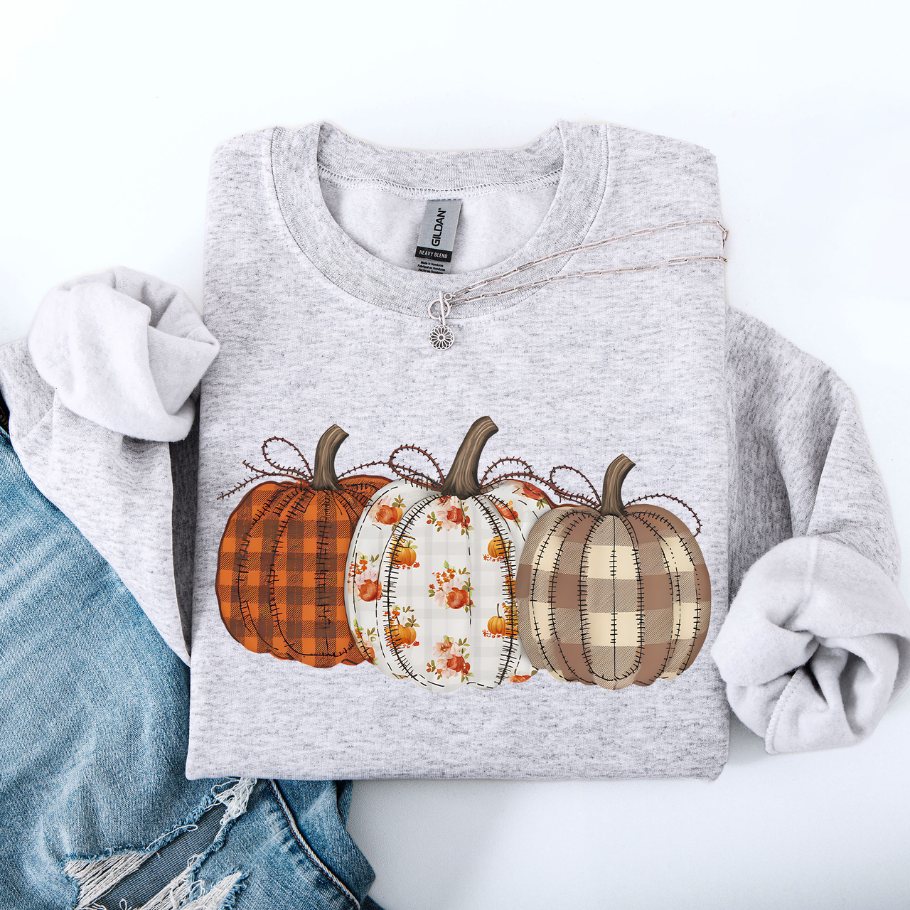 Cute Patterned Pumpkins Plaid Patchwork Print Halloween Autumn Season Edition Sweatshirt