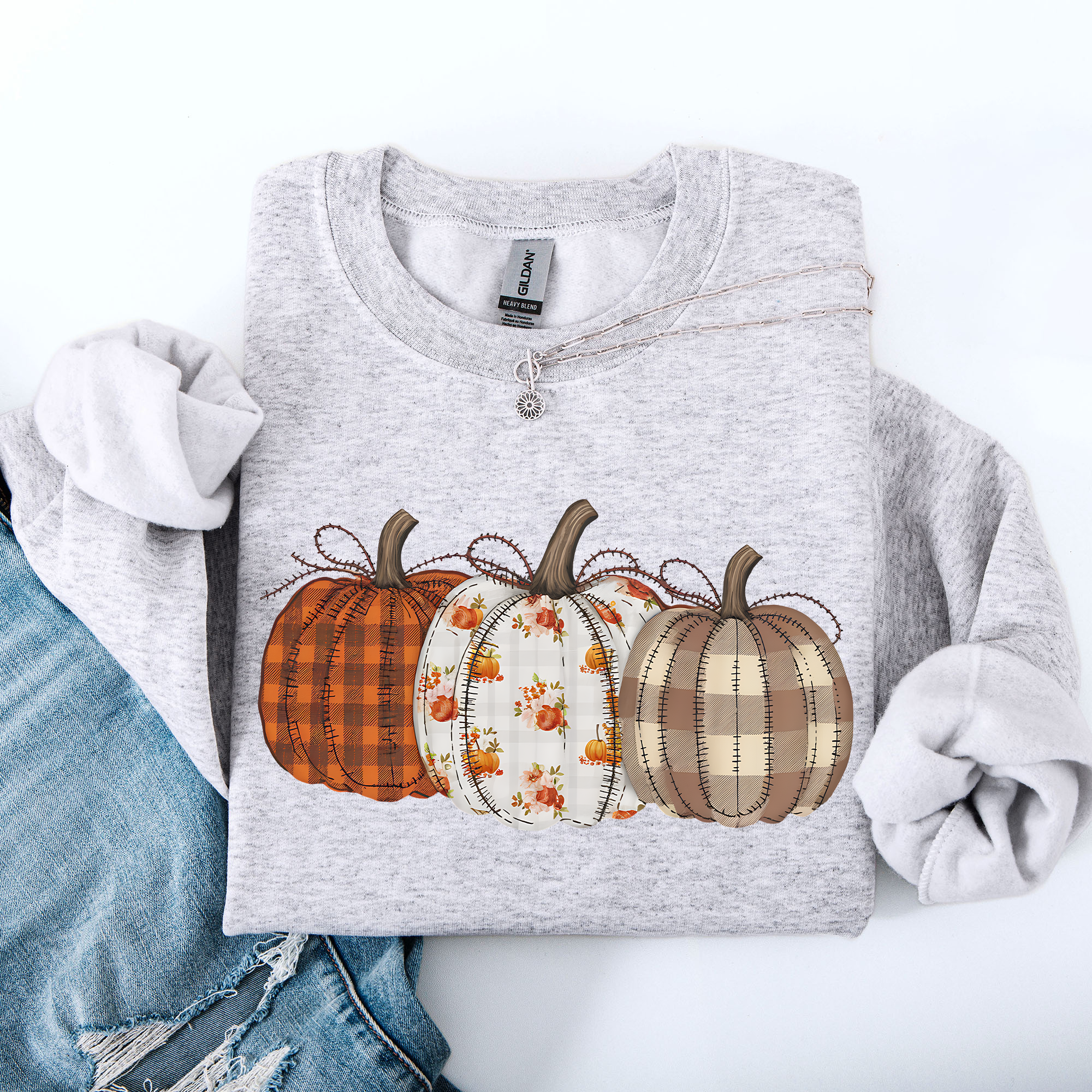 Cute Patterned Pumpkins Plaid Patchwork Print Halloween Autumn Season Edition Sweatshirt