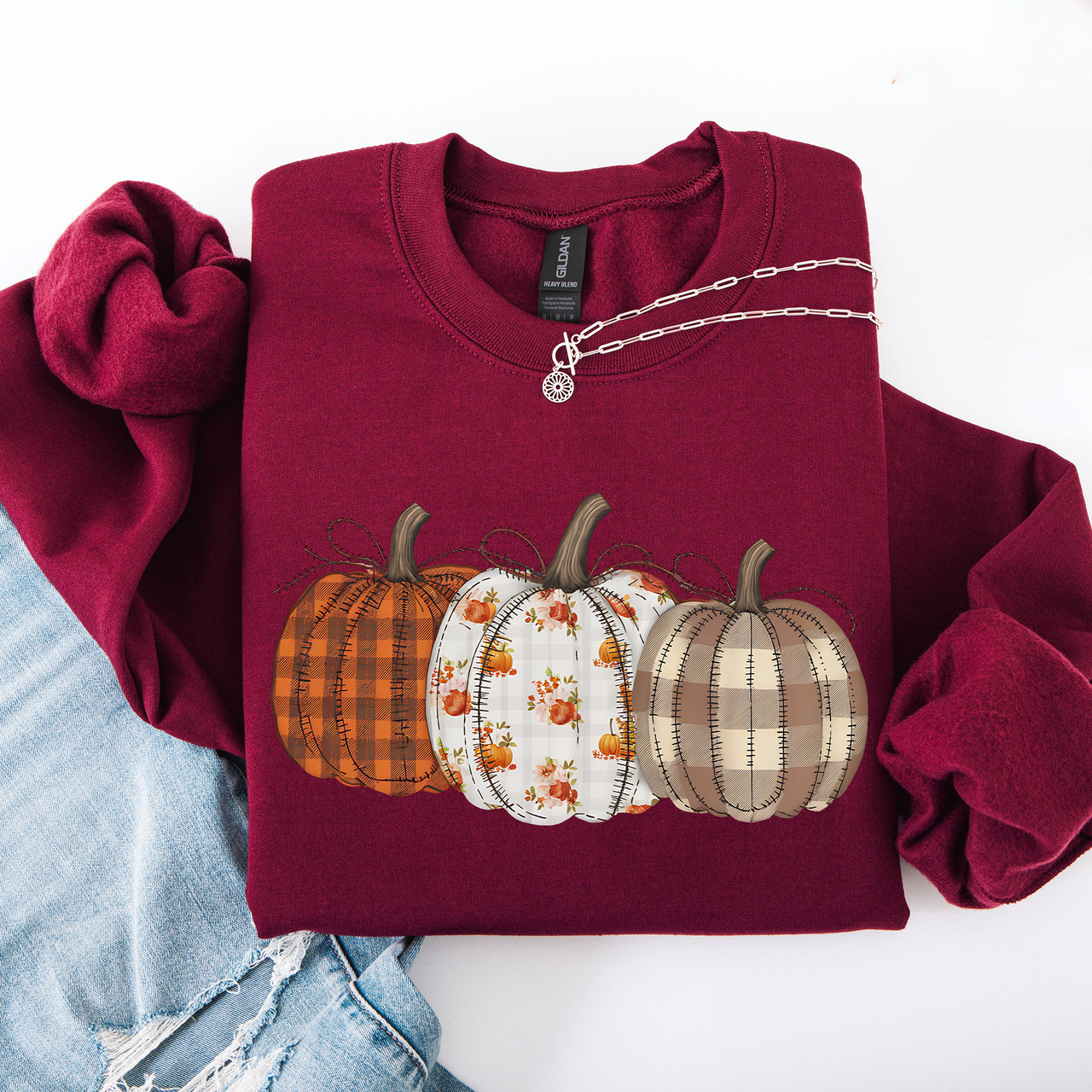 Cute Patterned Pumpkins Plaid Patchwork Print Halloween Autumn Season Edition Sweatshirt