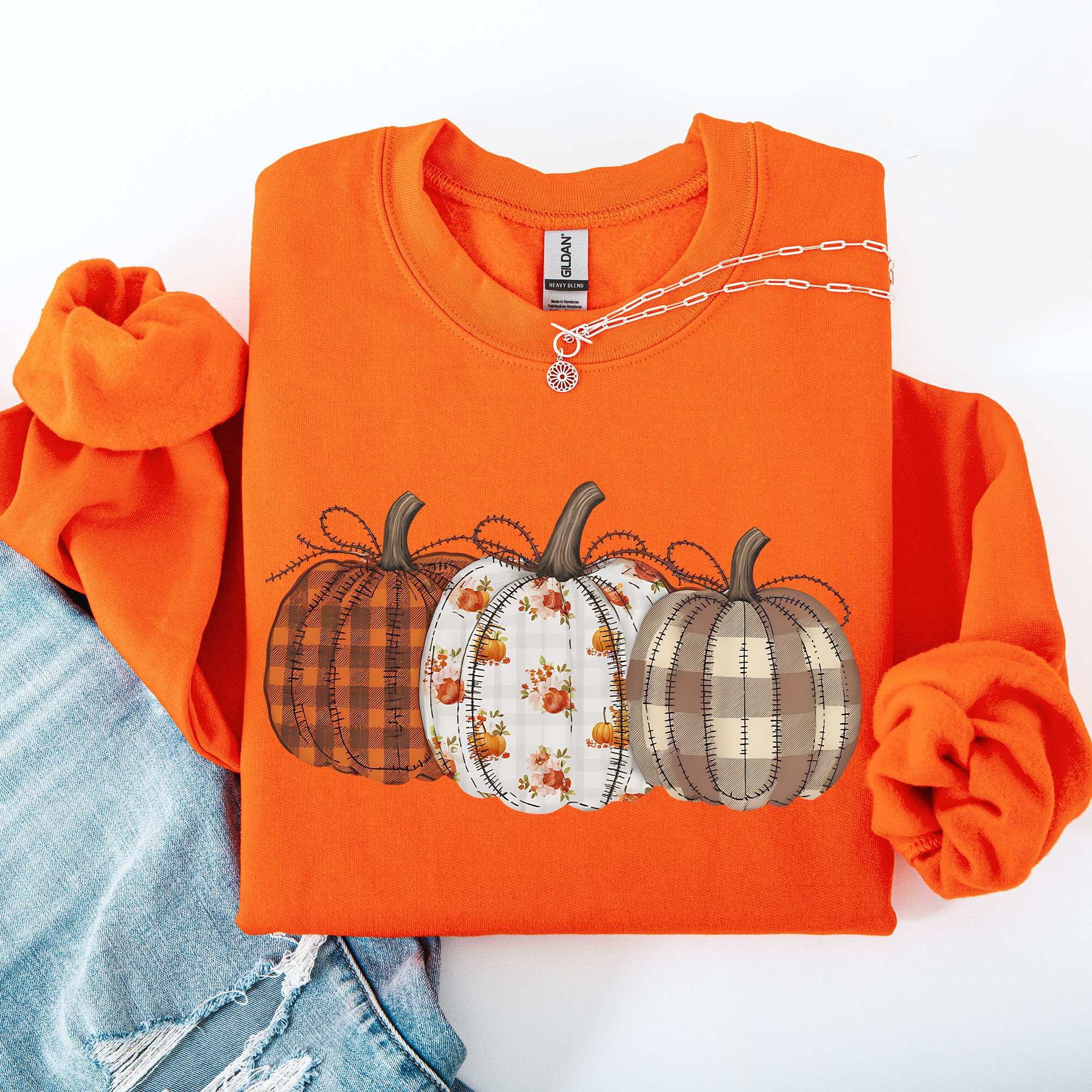 Cute Patterned Pumpkins Plaid Patchwork Print Halloween Autumn Season Edition Sweatshirt