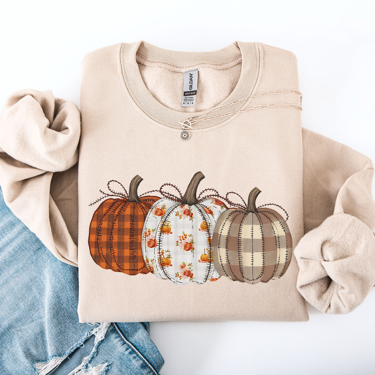 Cute Patterned Pumpkins Plaid Patchwork Print Halloween Autumn Season Edition Sweatshirt