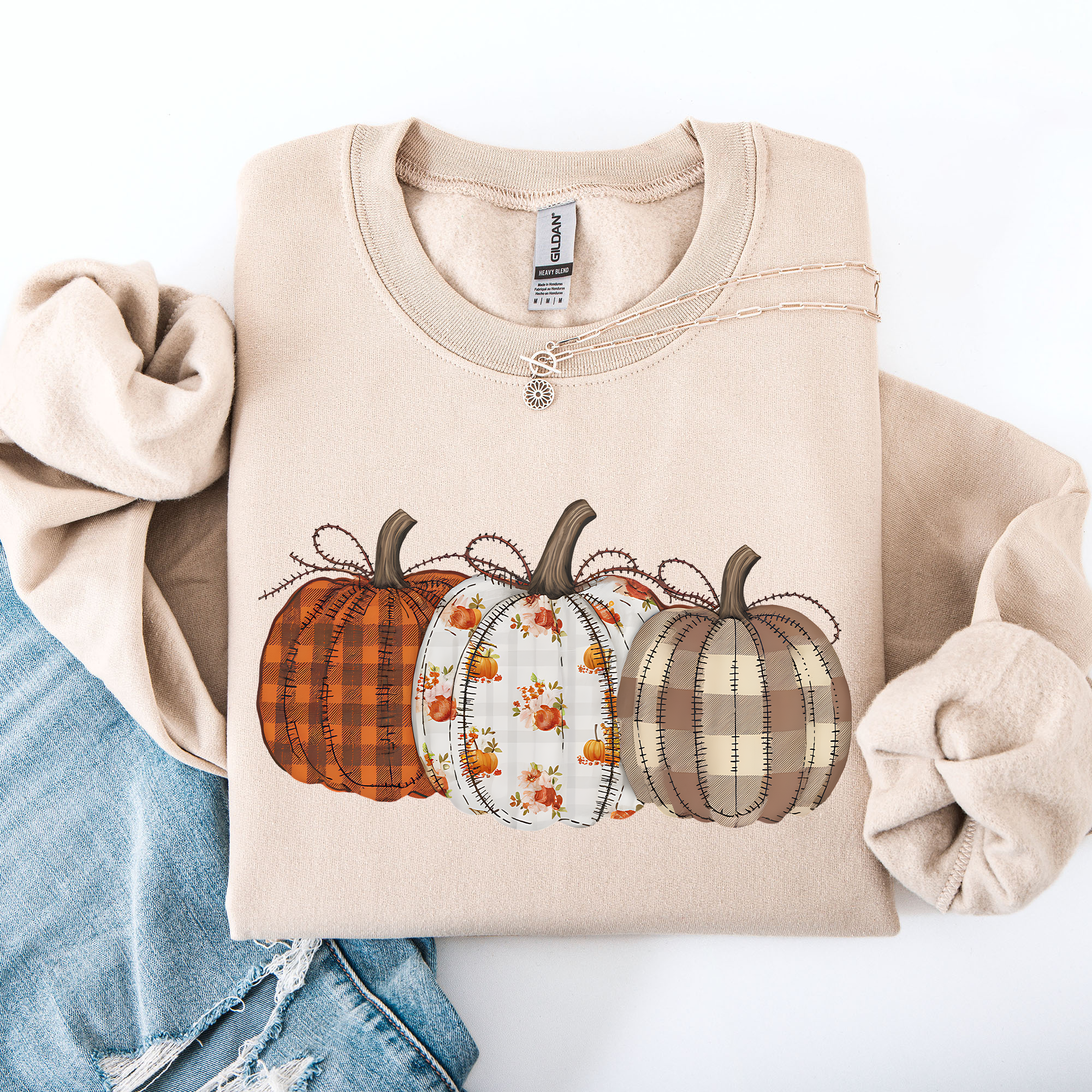 Cute Patterned Pumpkins Plaid Patchwork Print Halloween Autumn Season Edition Sweatshirt