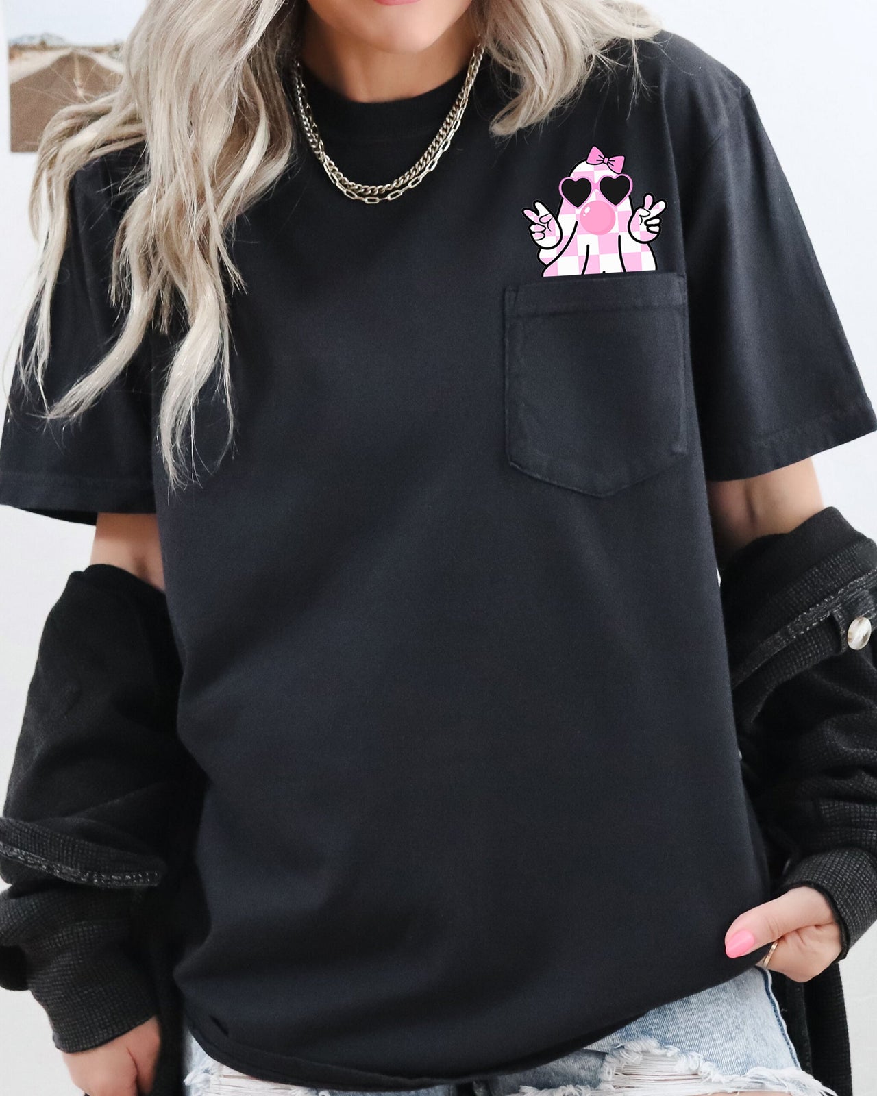 Cute Pink Bubblegum Ghost Pocket Halloween Peace Bow Ribbon Graphic Comfort Colors Tee