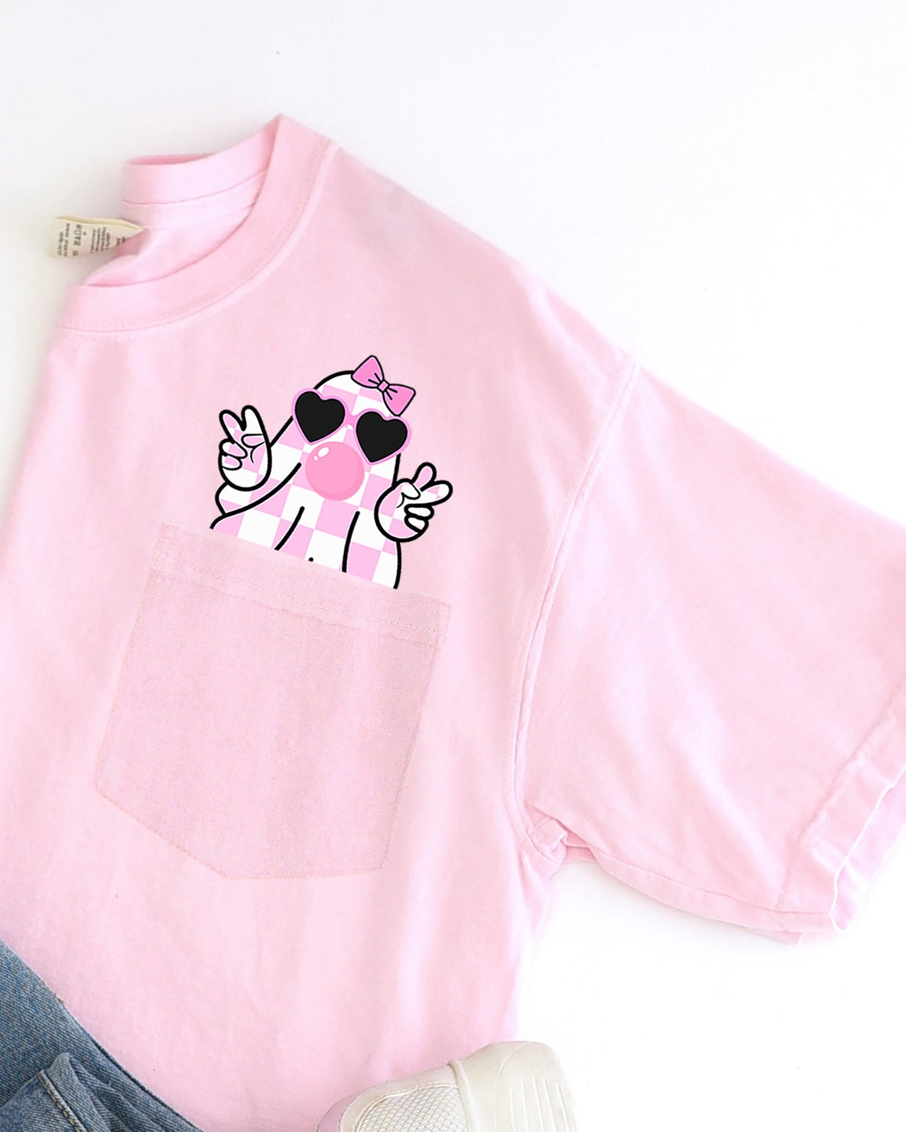 Cute Pink Bubblegum Ghost Pocket Halloween Peace Bow Ribbon Graphic Comfort Colors Tee