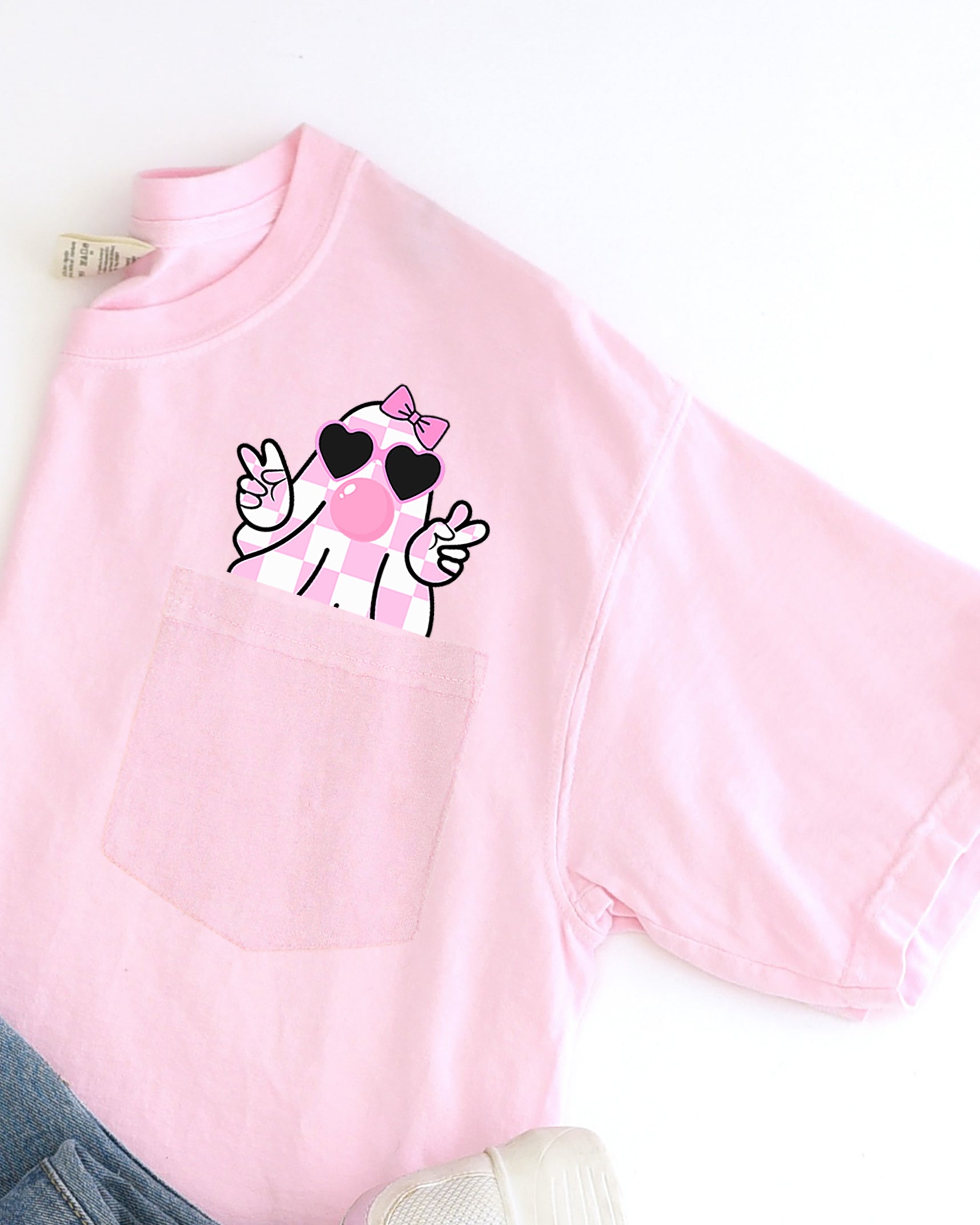 Cute Pink Bubblegum Ghost Pocket Halloween Peace Bow Ribbon Graphic Comfort Colors Tee
