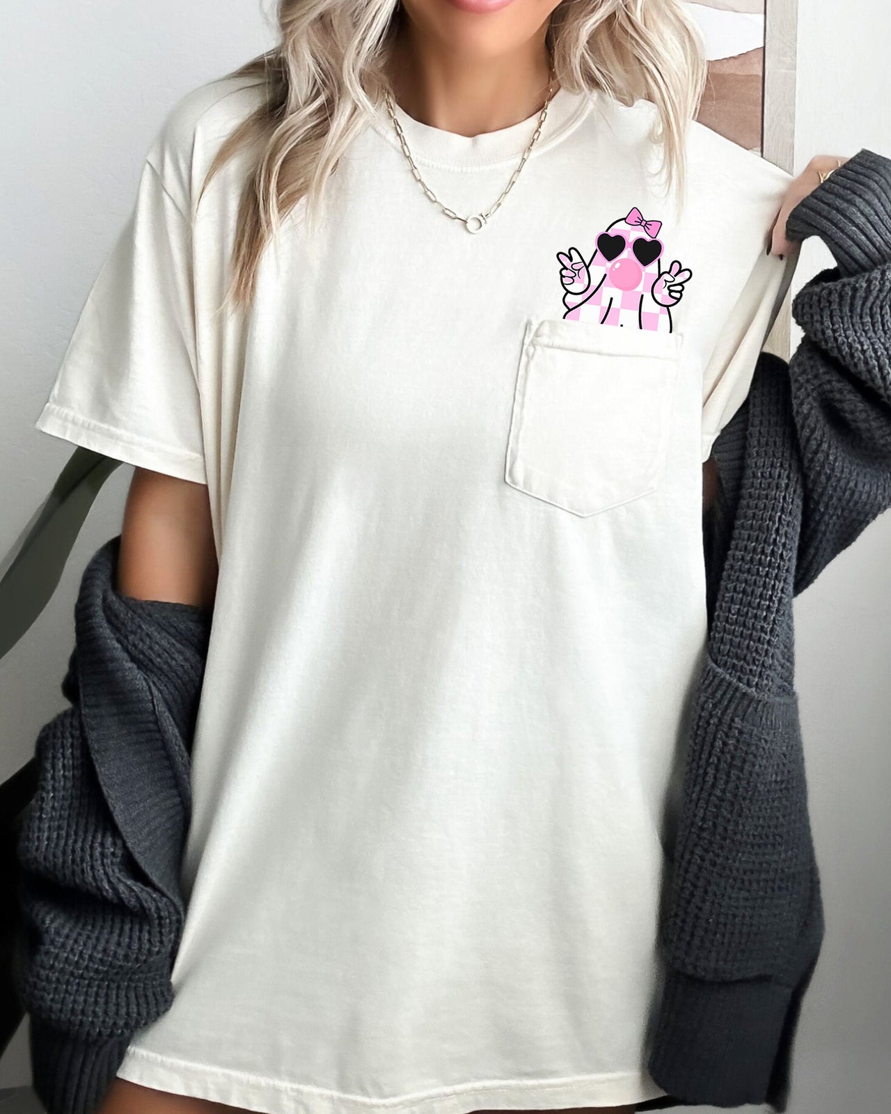 Cute Pink Bubblegum Ghost Pocket Halloween Peace Bow Ribbon Graphic Comfort Colors Tee