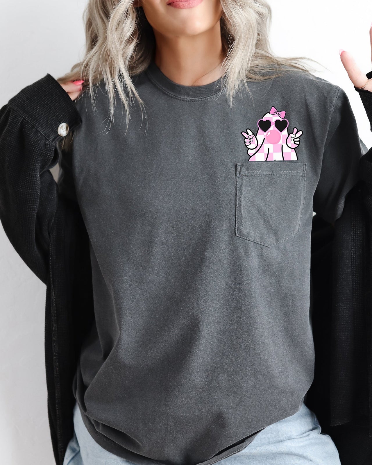 Cute Pink Bubblegum Ghost Pocket Halloween Peace Bow Ribbon Graphic Comfort Colors Tee