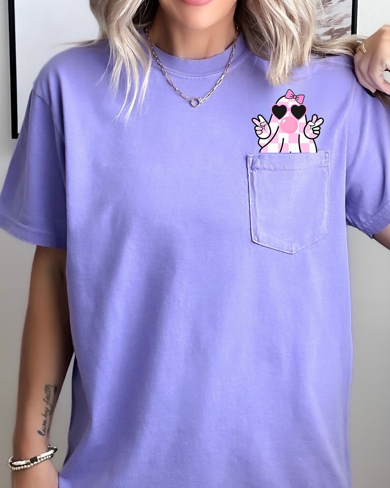Cute Pink Bubblegum Ghost Pocket Halloween Peace Bow Ribbon Graphic Comfort Colors Tee