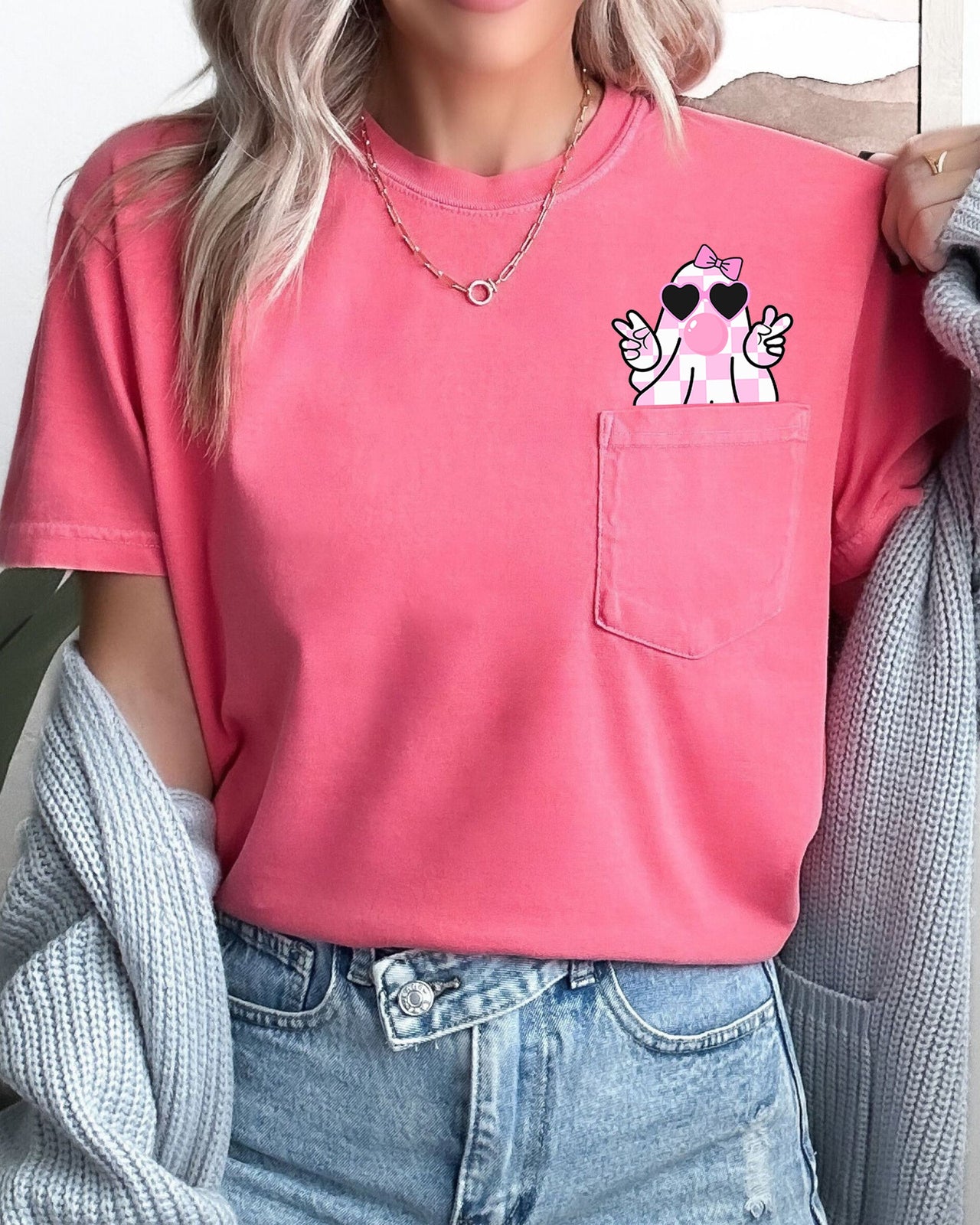 Cute Pink Bubblegum Ghost Pocket Halloween Peace Bow Ribbon Graphic Comfort Colors Tee