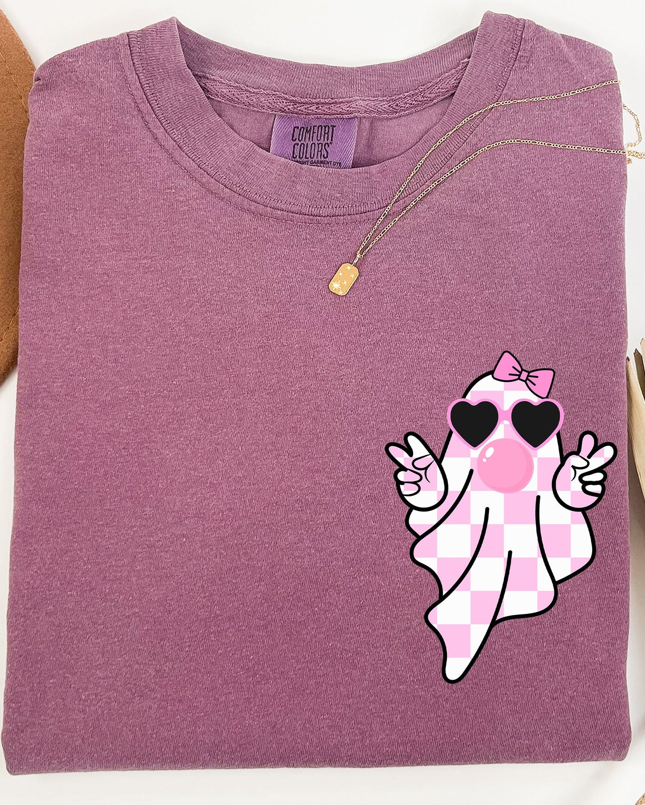 Cute Pink Bubblegum Ghost Pocket Print Halloween Peace Bow Ribbon Comfort Colors Tee