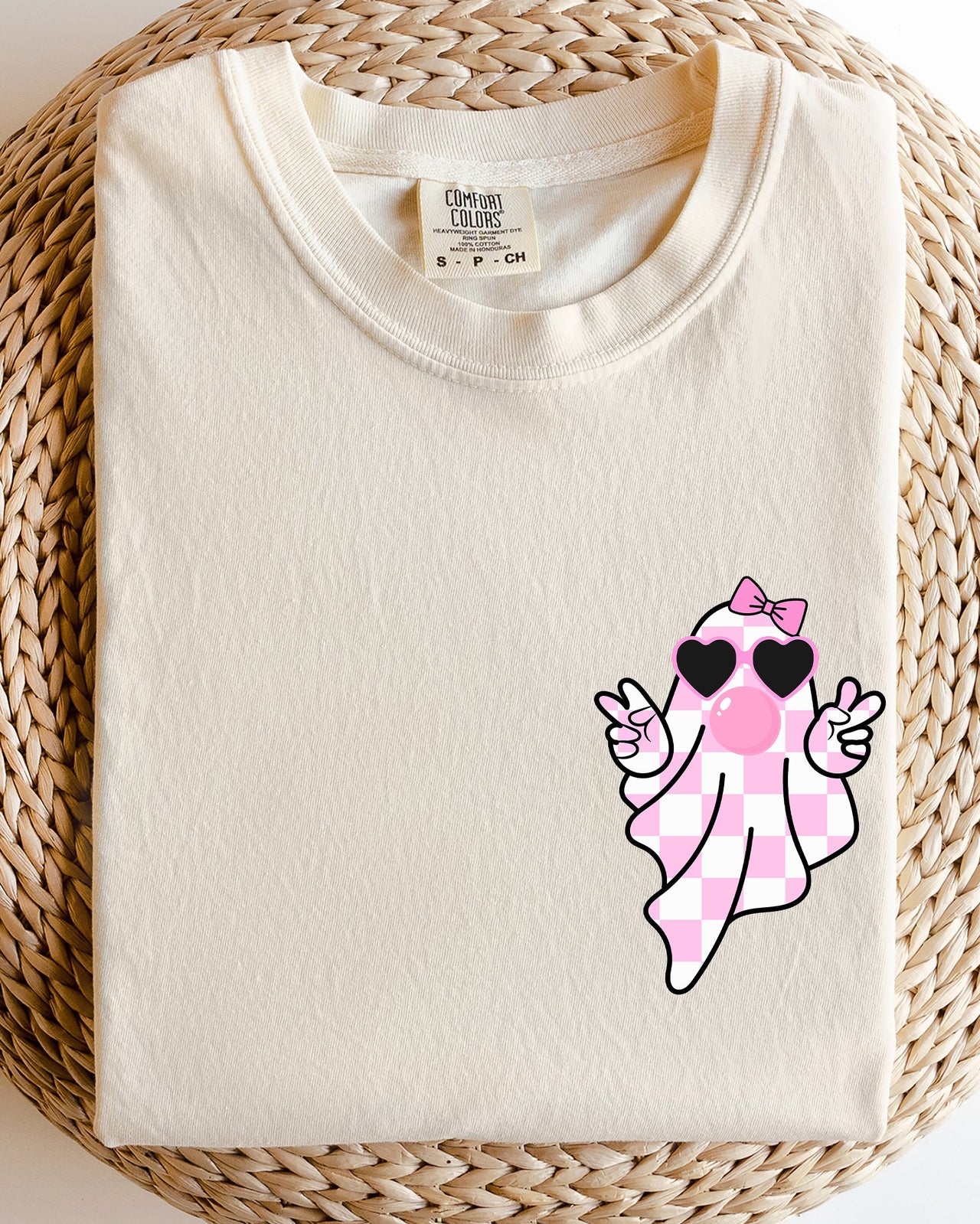 Cute Pink Bubblegum Ghost Pocket Print Halloween Peace Bow Ribbon Comfort Colors Tee