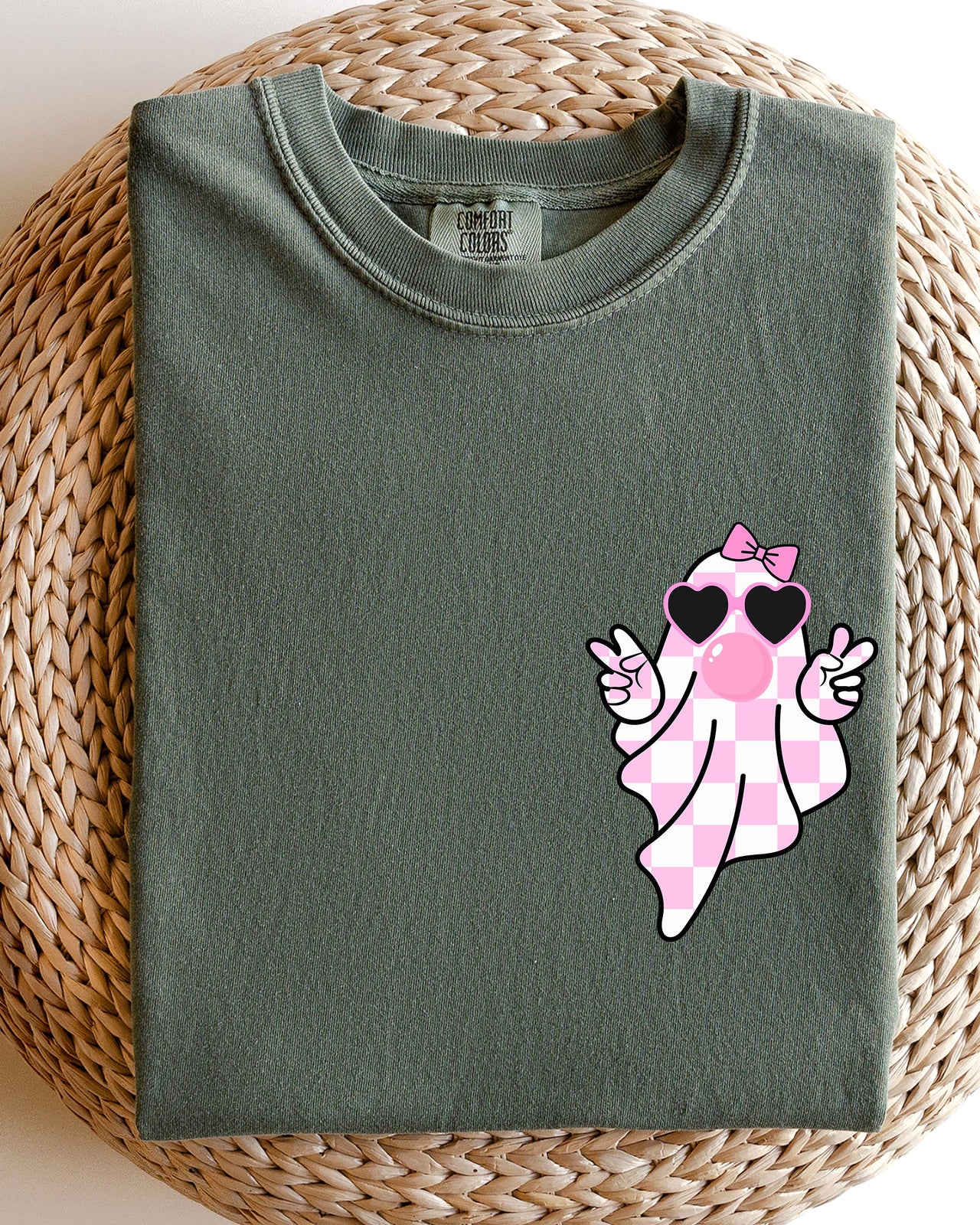 Cute Pink Bubblegum Ghost Pocket Print Halloween Peace Bow Ribbon Comfort Colors Tee