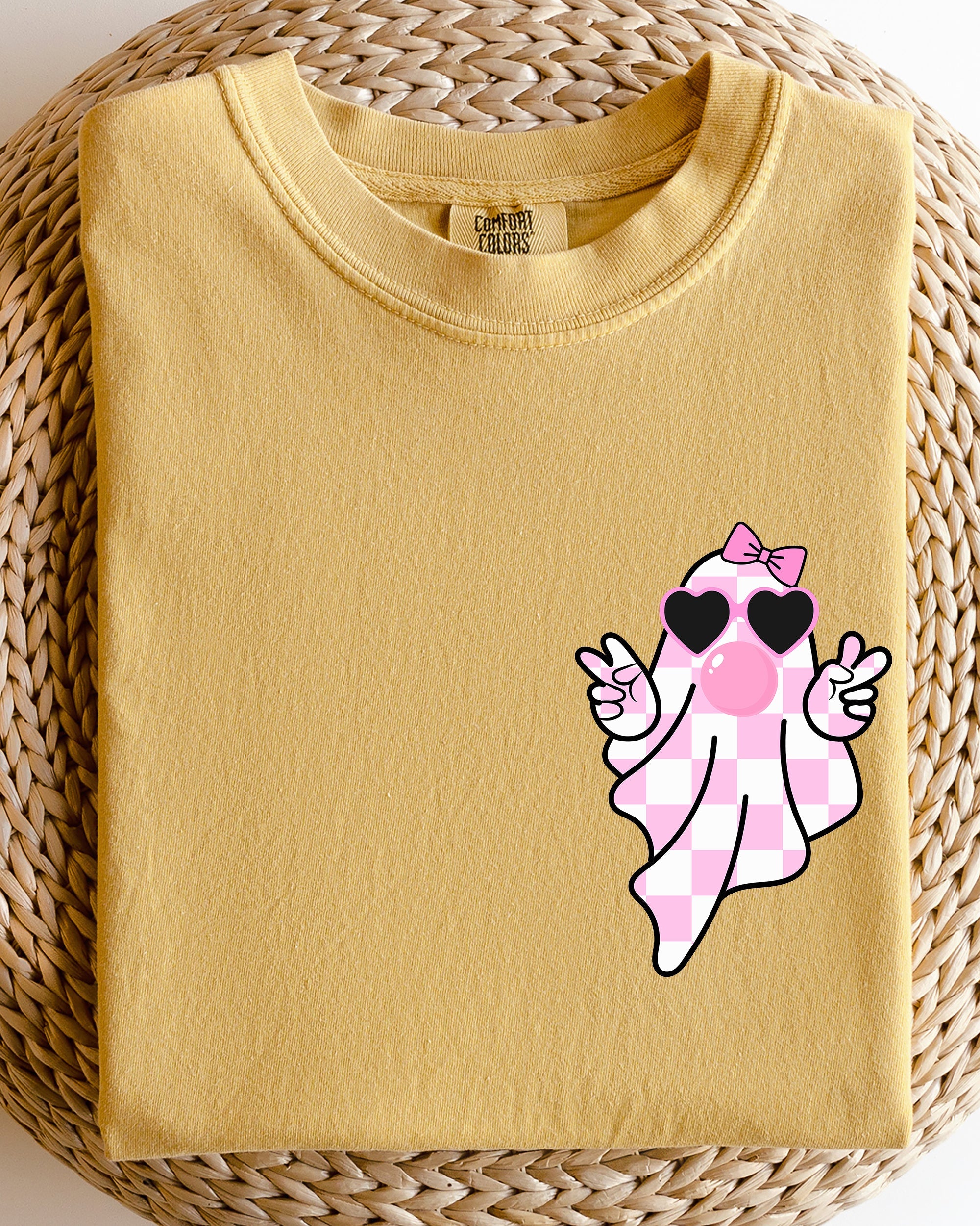 Cute Pink Bubblegum Ghost Pocket Print Halloween Peace Bow Ribbon Comfort Colors Tee