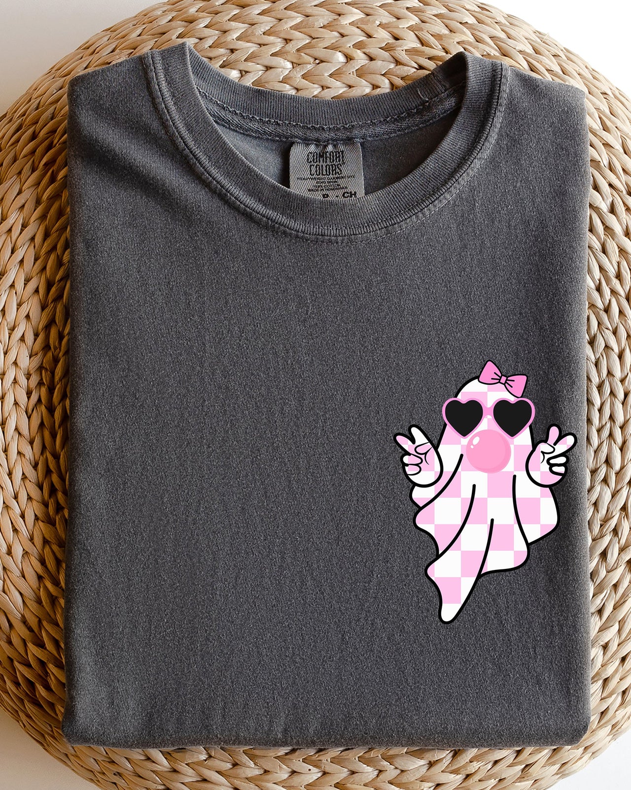 Cute Pink Bubblegum Ghost Pocket Print Halloween Peace Bow Ribbon Comfort Colors Tee