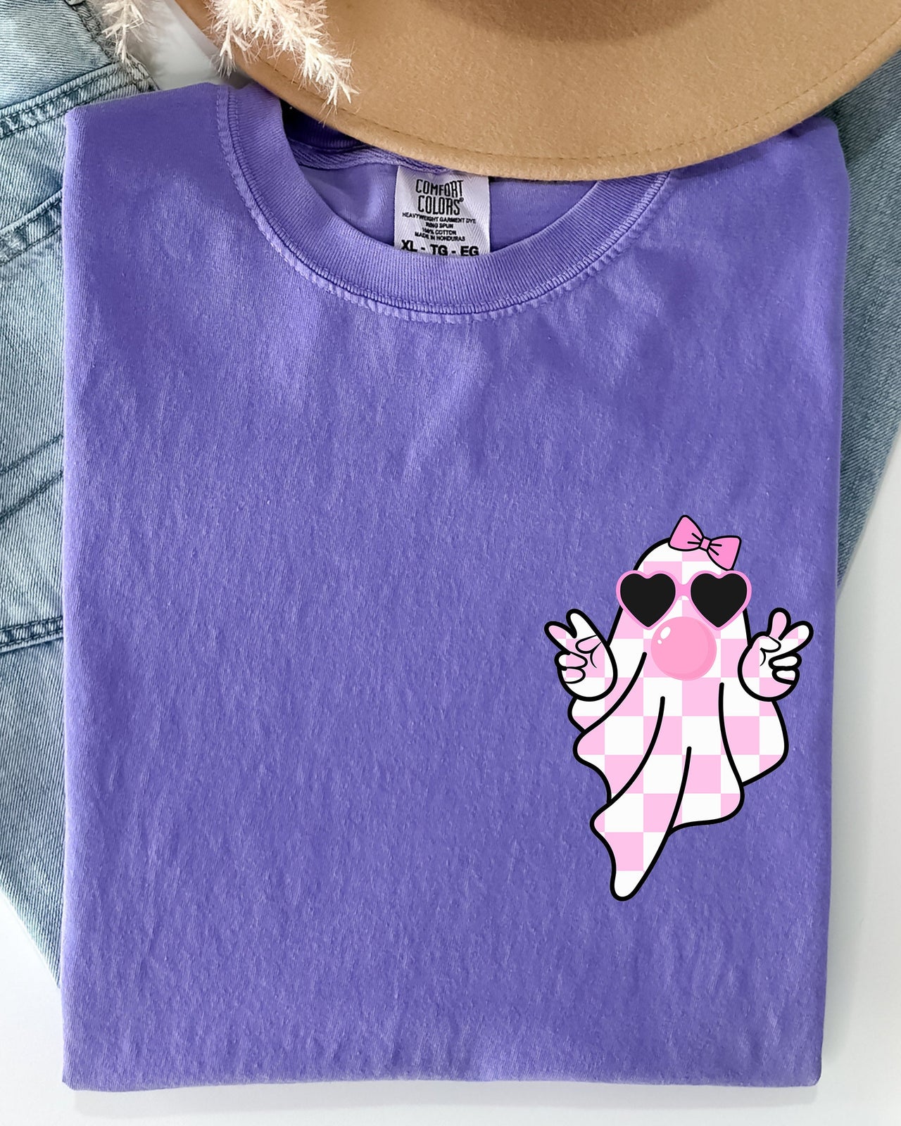 Cute Pink Bubblegum Ghost Pocket Print Halloween Peace Bow Ribbon Comfort Colors Tee