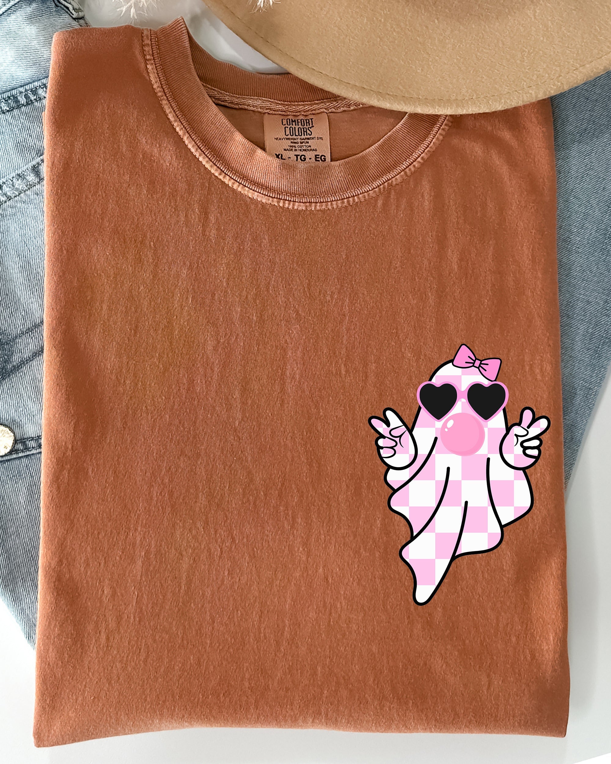 Cute Pink Bubblegum Ghost Pocket Print Halloween Peace Bow Ribbon Comfort Colors Tee