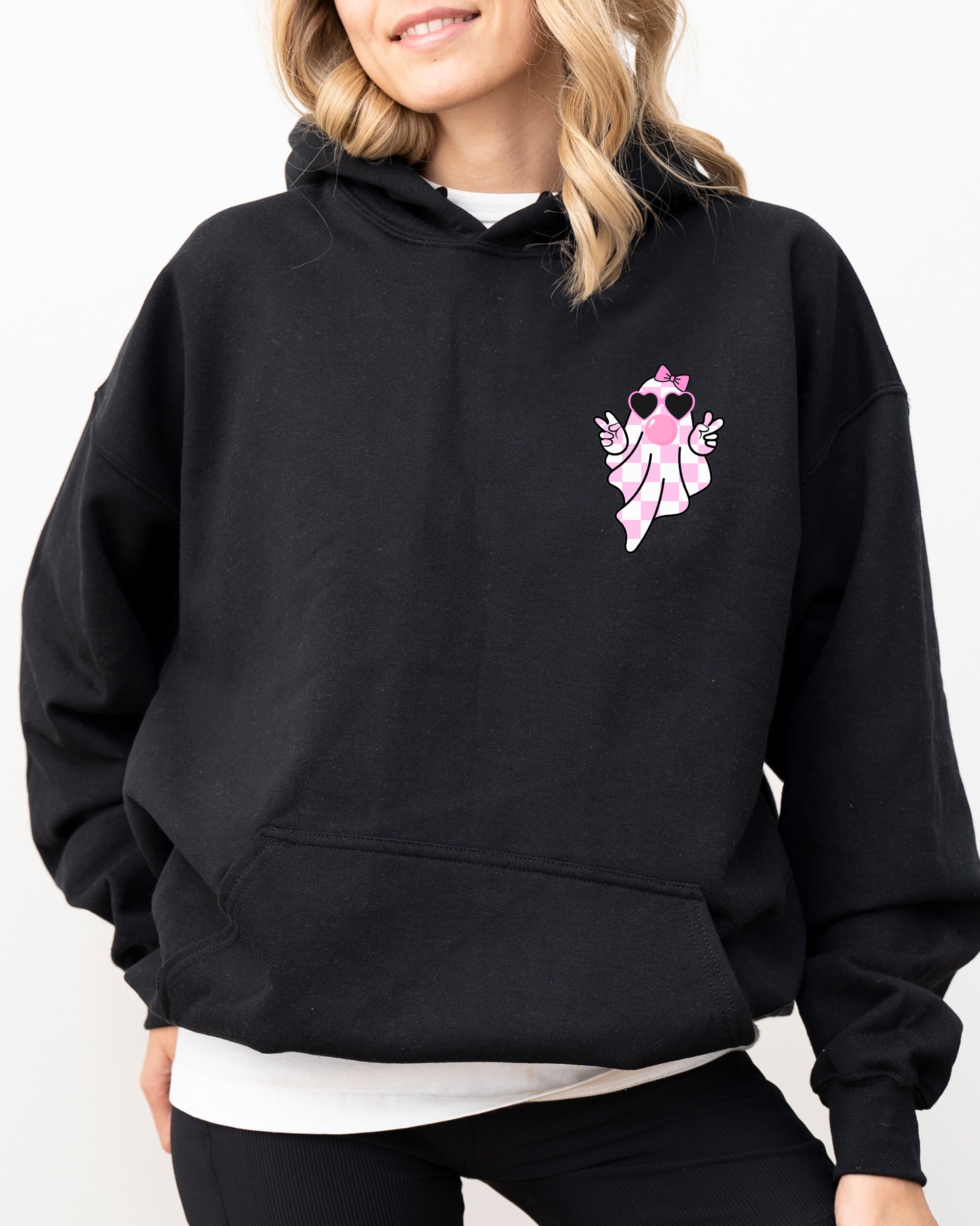 Cute Pink Bubblegum Ghost Pocket Print Halloween Peace Bow Ribbon Hooded Sweatshirt