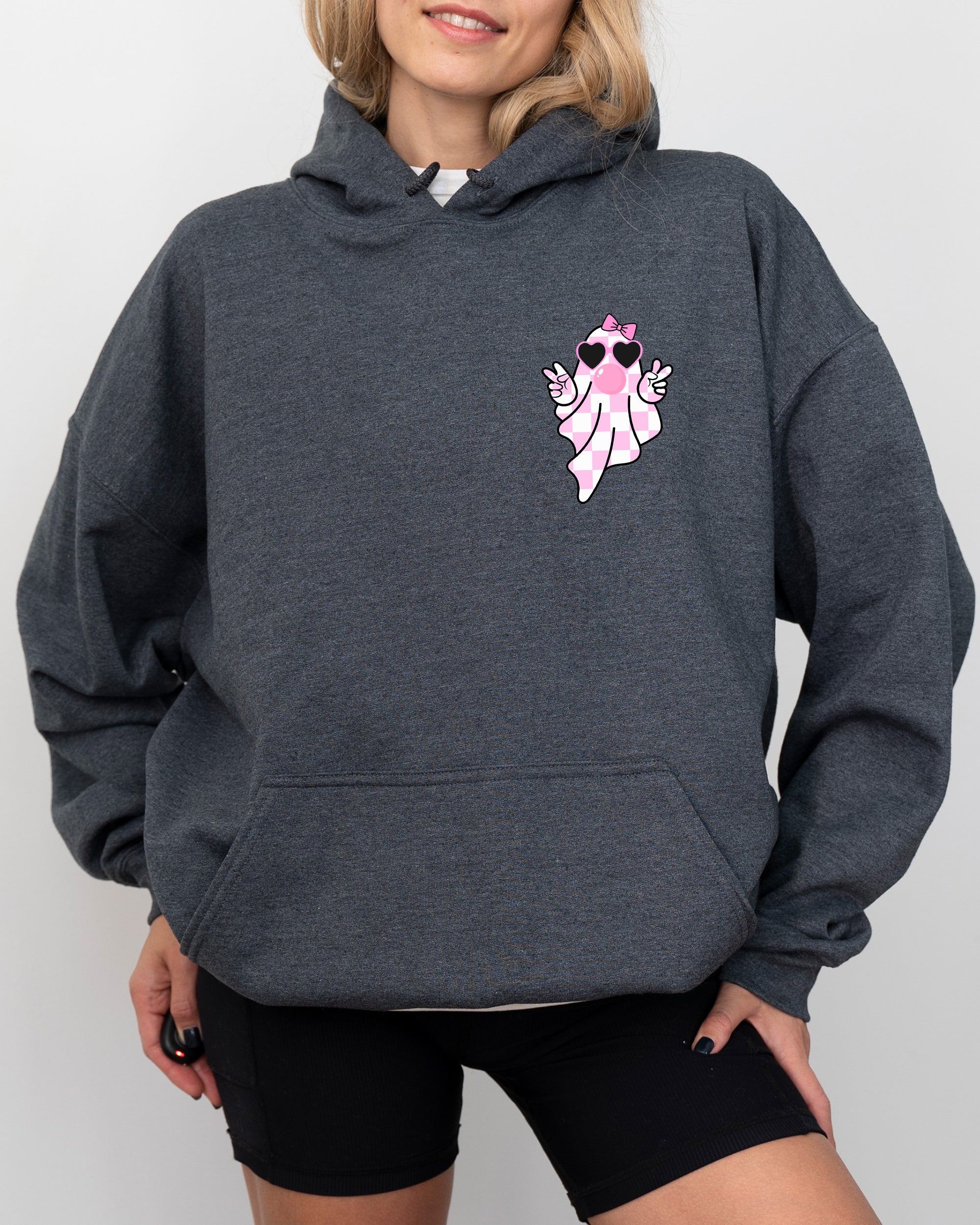 Cute Pink Bubblegum Ghost Pocket Print Halloween Peace Bow Ribbon Hooded Sweatshirt