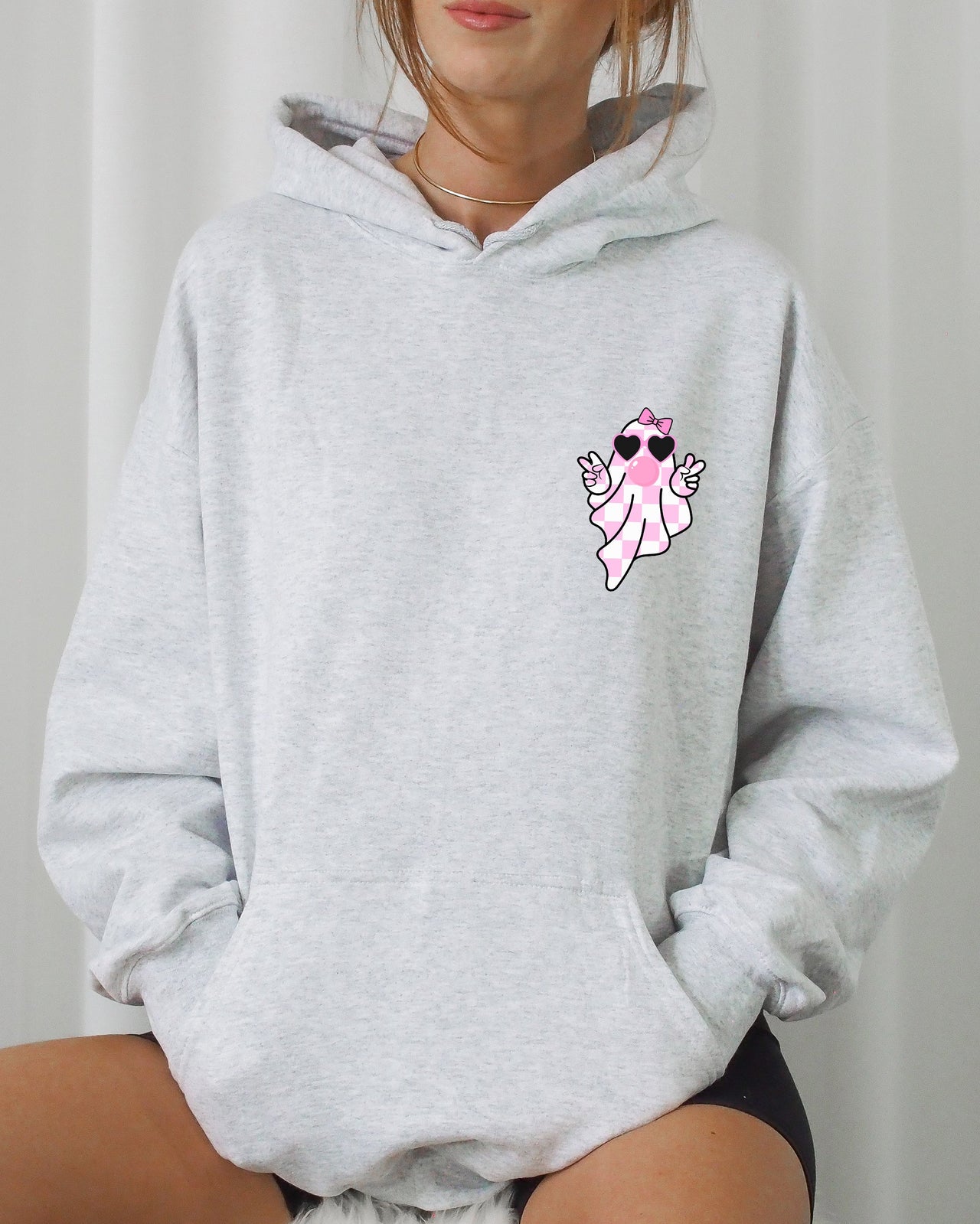 Cute Pink Bubblegum Ghost Pocket Print Halloween Peace Bow Ribbon Hooded Sweatshirt