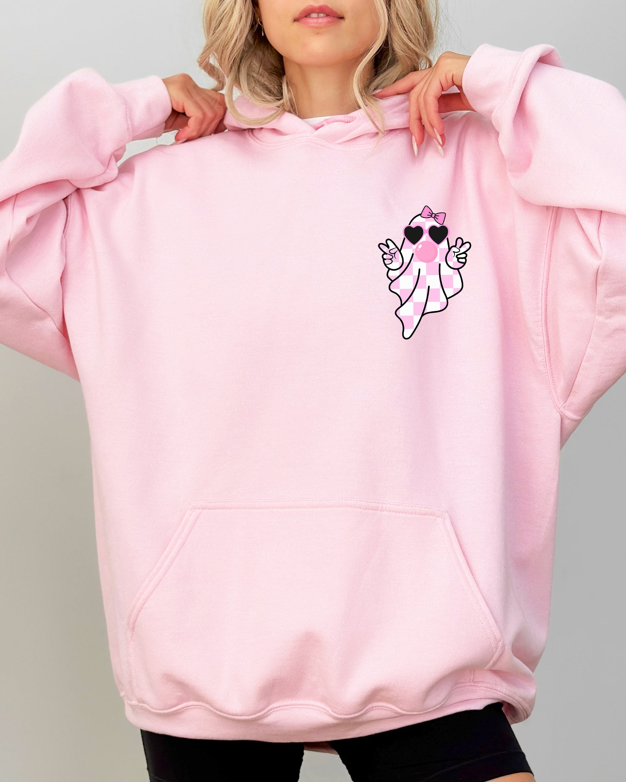 Cute Pink Bubblegum Ghost Pocket Print Halloween Peace Bow Ribbon Hooded Sweatshirt