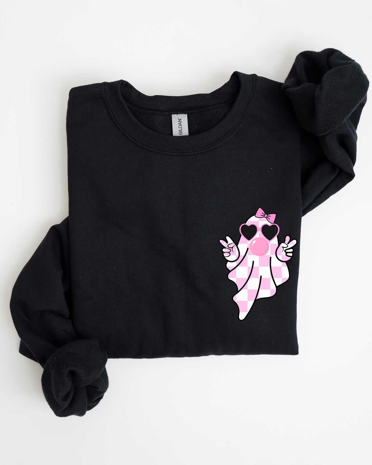 Cute Pink Bubblegum Ghost Pocket Print Halloween Peace Bow Ribbon Cozy Sweatshirt