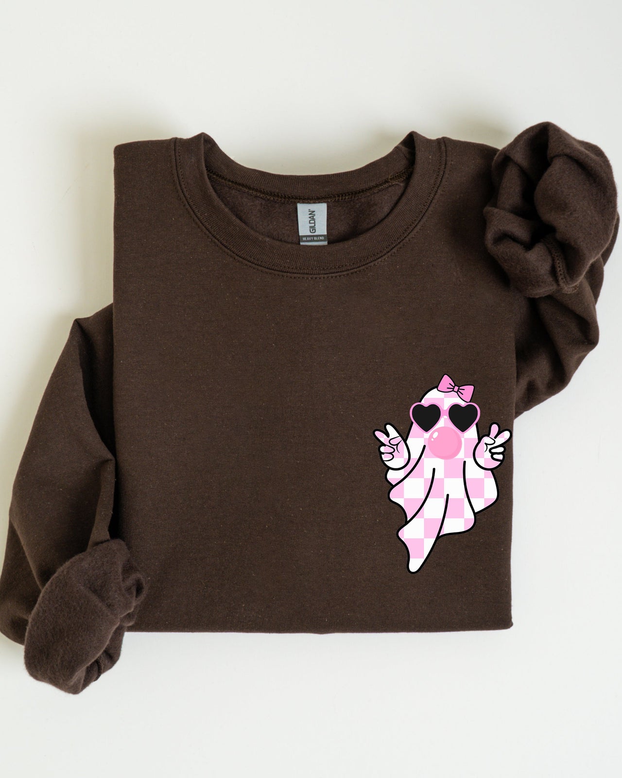 Cute Pink Bubblegum Ghost Pocket Print Halloween Peace Bow Ribbon Cozy Sweatshirt