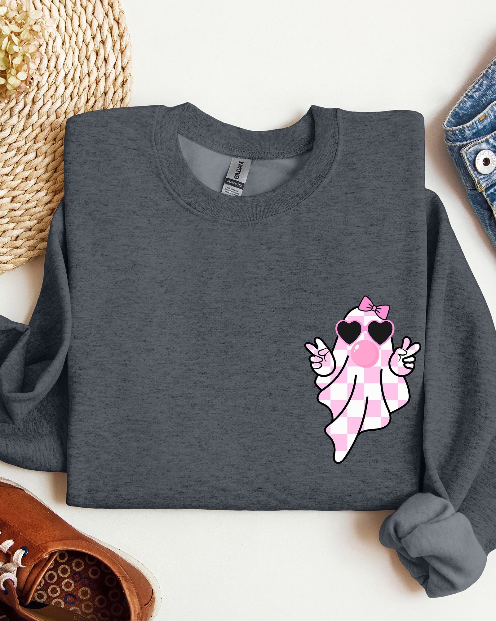 Cute Pink Bubblegum Ghost Pocket Print Halloween Peace Bow Ribbon Cozy Sweatshirt