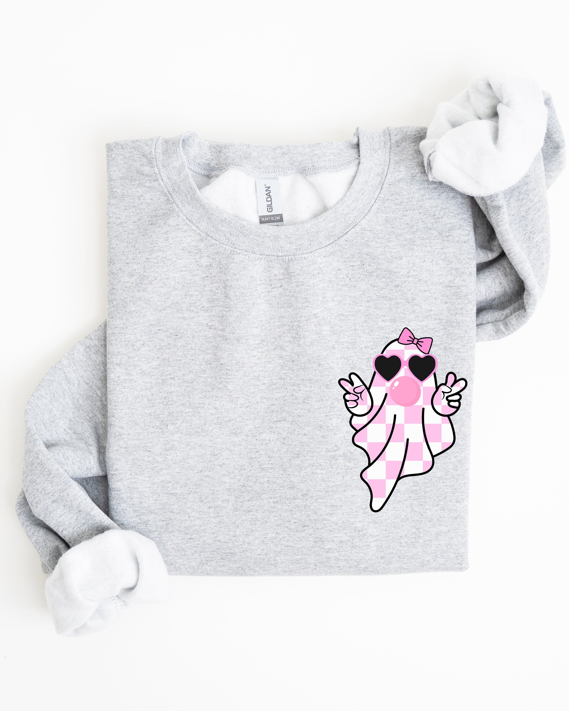 Cute Pink Bubblegum Ghost Pocket Print Halloween Peace Bow Ribbon Cozy Sweatshirt