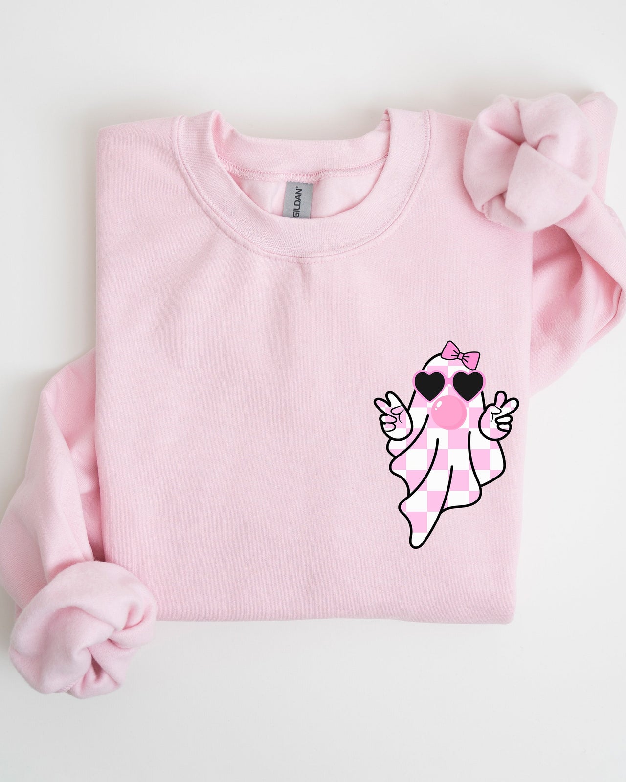 Cute Pink Bubblegum Ghost Pocket Print Halloween Peace Bow Ribbon Cozy Sweatshirt