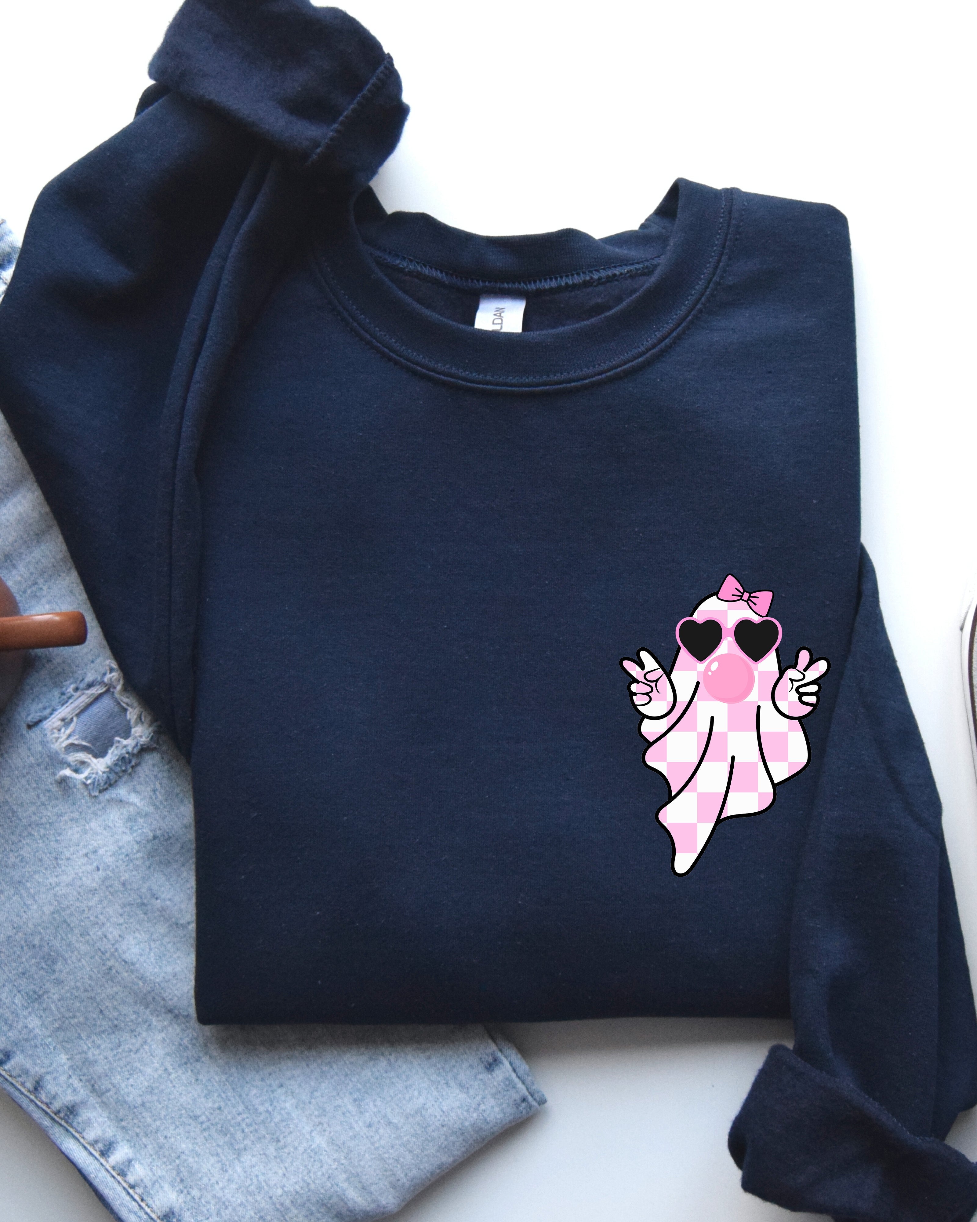 Cute Pink Bubblegum Ghost Pocket Print Halloween Peace Bow Ribbon Cozy Sweatshirt