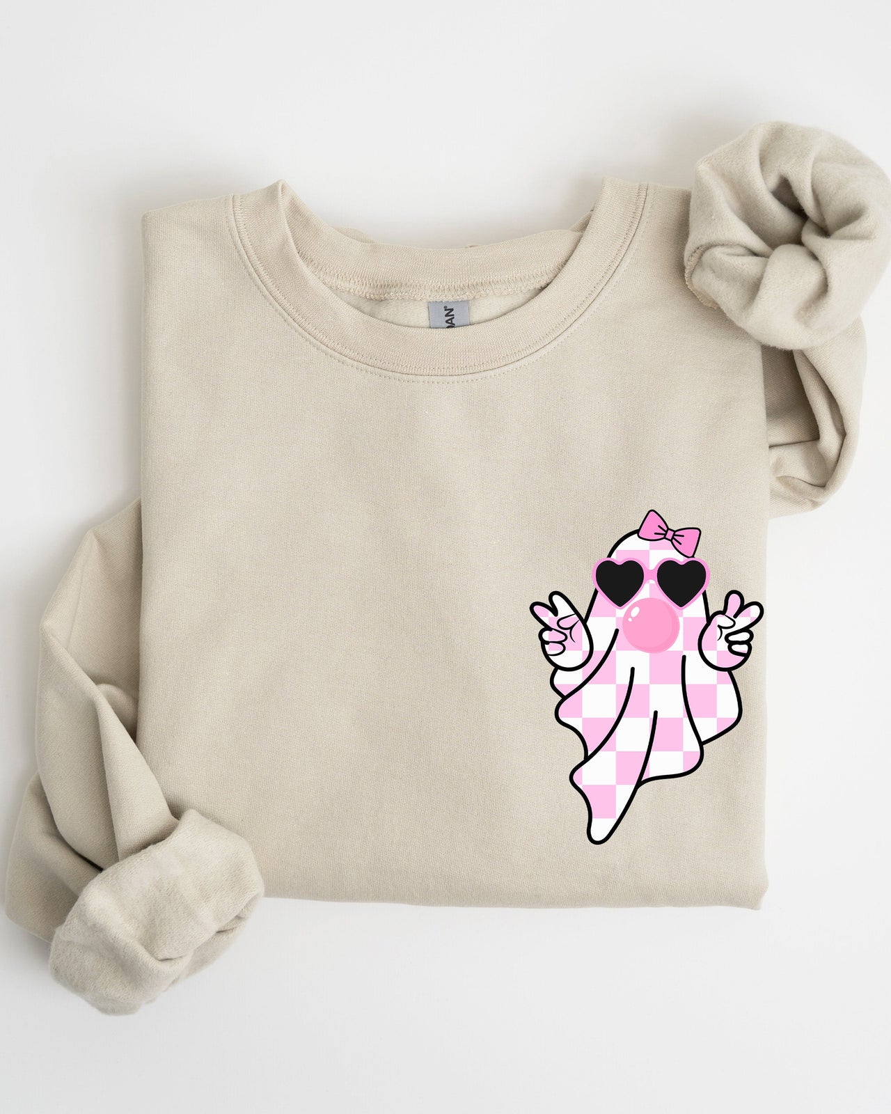 Cute Pink Bubblegum Ghost Pocket Print Halloween Peace Bow Ribbon Cozy Sweatshirt