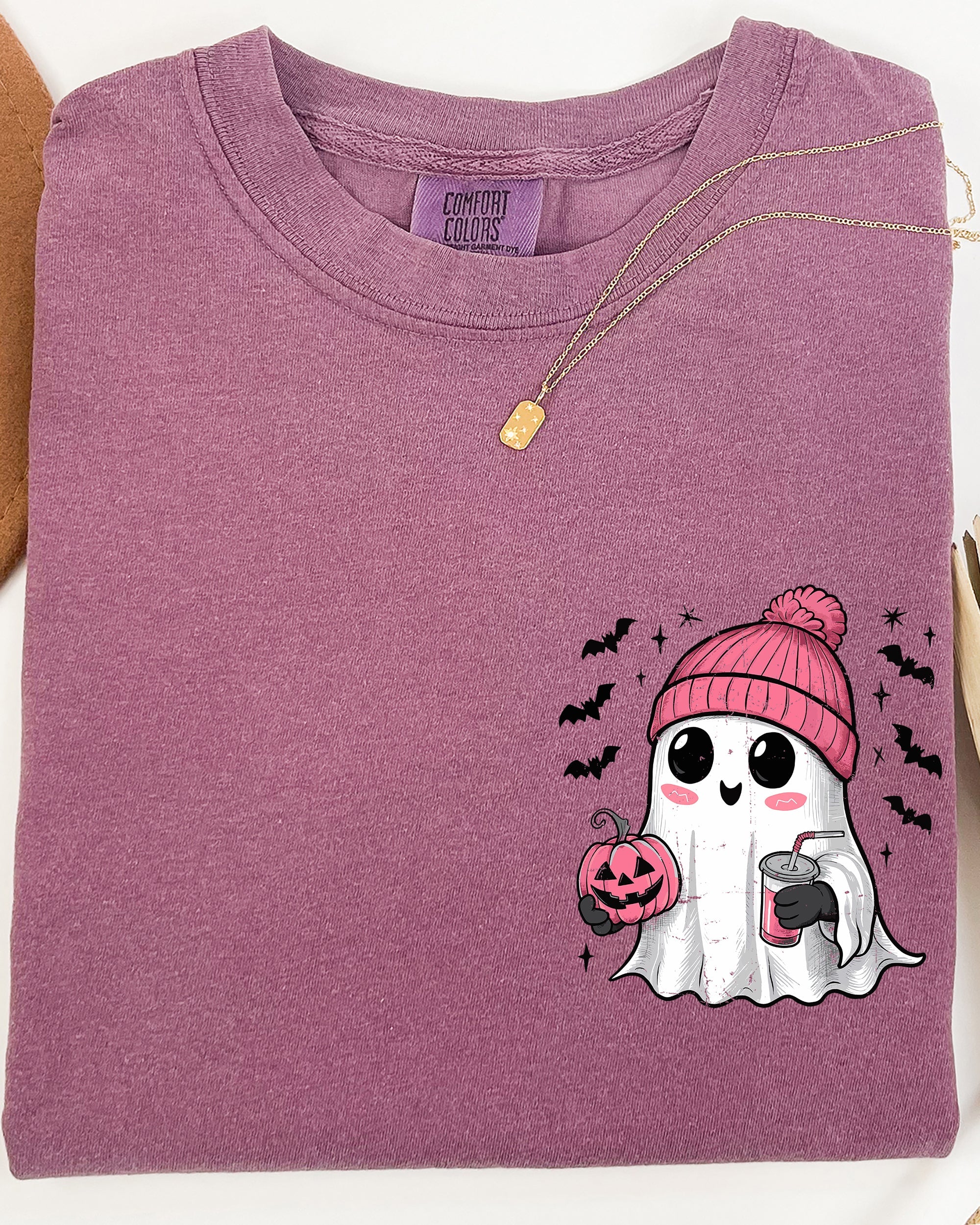 Cute Pink Ghost Pocket Print Halloween Coffee Bats Classic October Night Scene Comfort Colors Tee