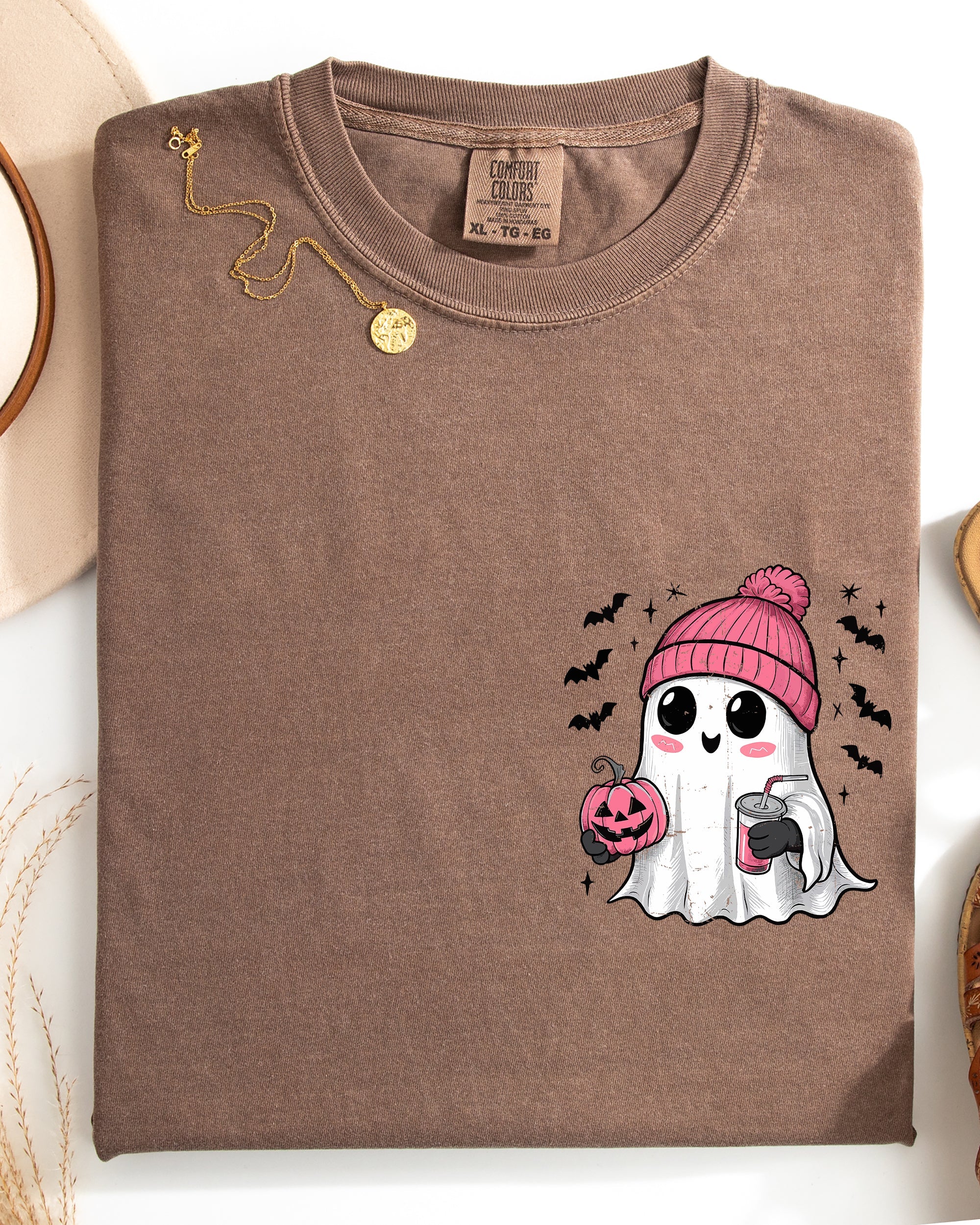 Cute Pink Ghost Pocket Print Halloween Coffee Bats Classic October Night Scene Comfort Colors Tee