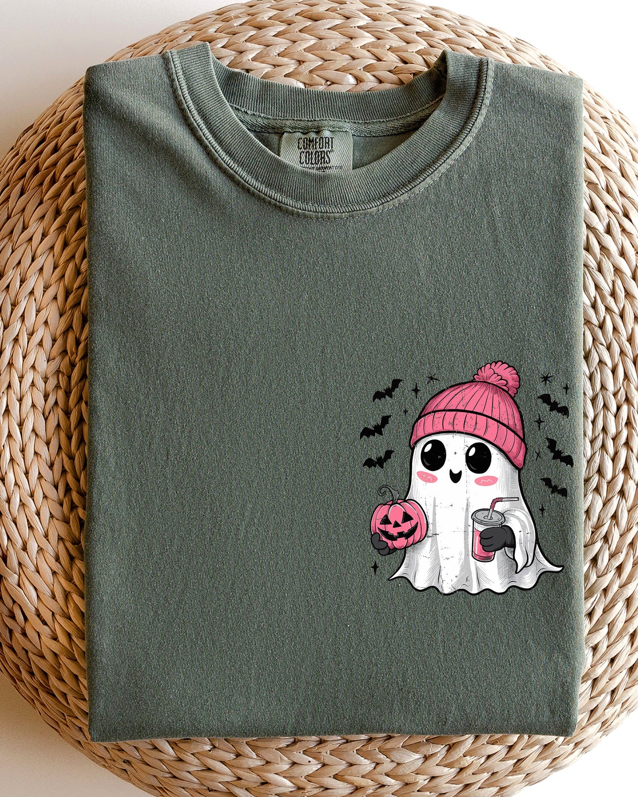 Cute Pink Ghost Pocket Print Halloween Coffee Bats Classic October Night Scene Comfort Colors Tee
