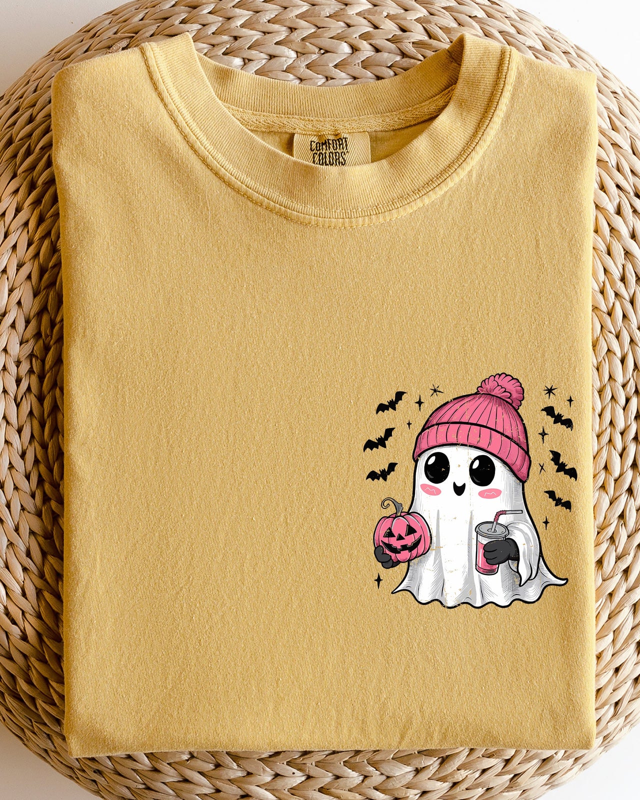 Cute Pink Ghost Pocket Print Halloween Coffee Bats Classic October Night Scene Comfort Colors Tee