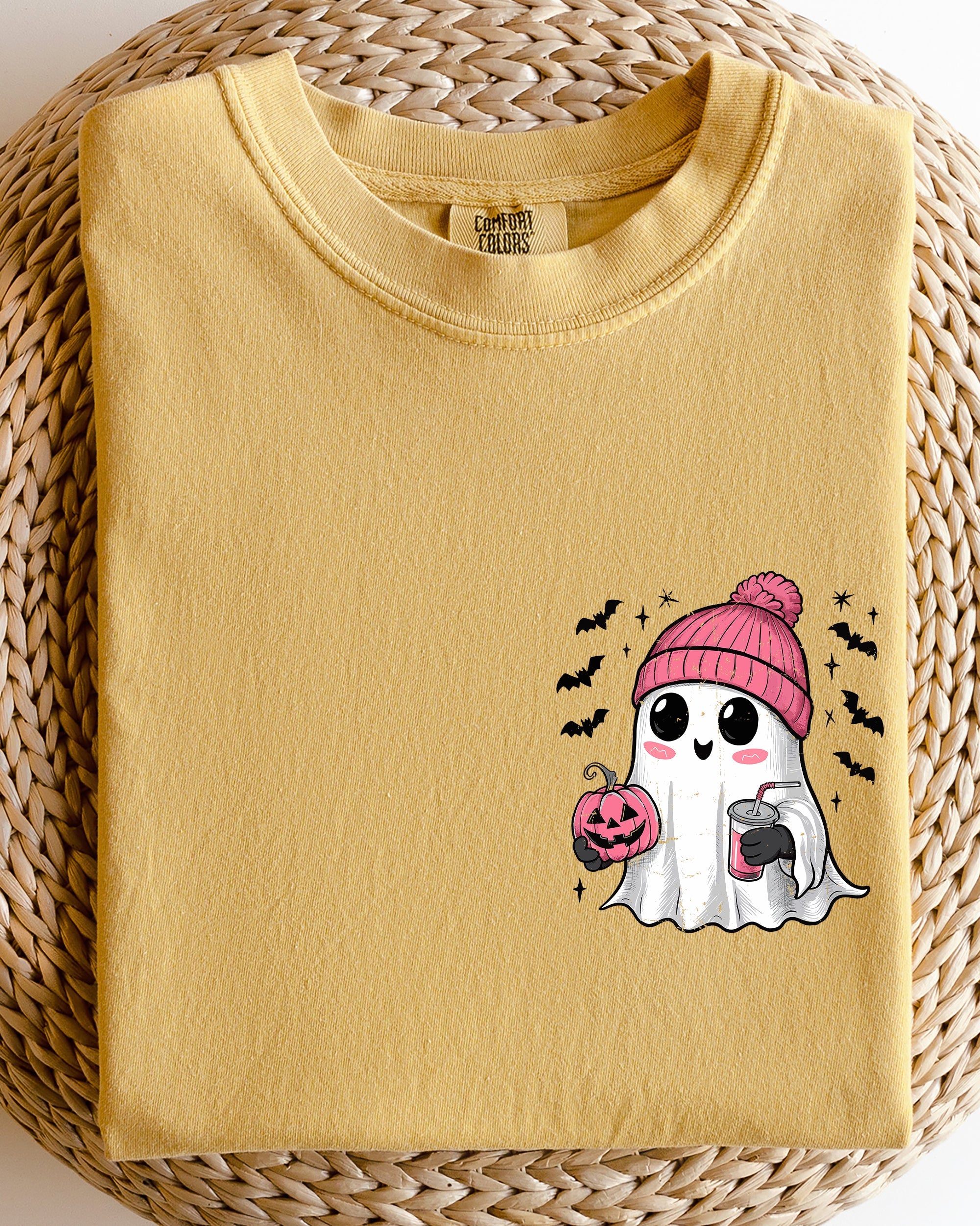Cute Pink Ghost Pocket Print Halloween Coffee Bats Classic October Night Scene Comfort Colors Tee