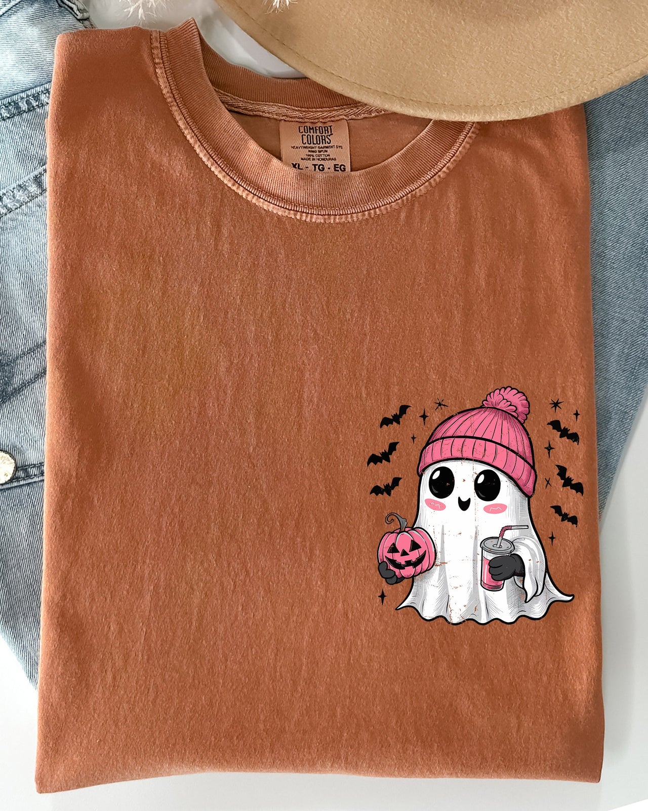 Cute Pink Ghost Pocket Print Halloween Coffee Bats Classic October Night Scene Comfort Colors Tee