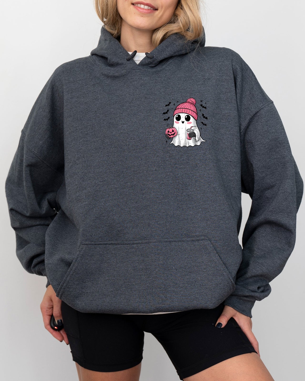 Cute Pink Ghost Pocket Print Halloween Coffee Bats Cozy Night Graphic Design Collection Hooded Sweatshirt