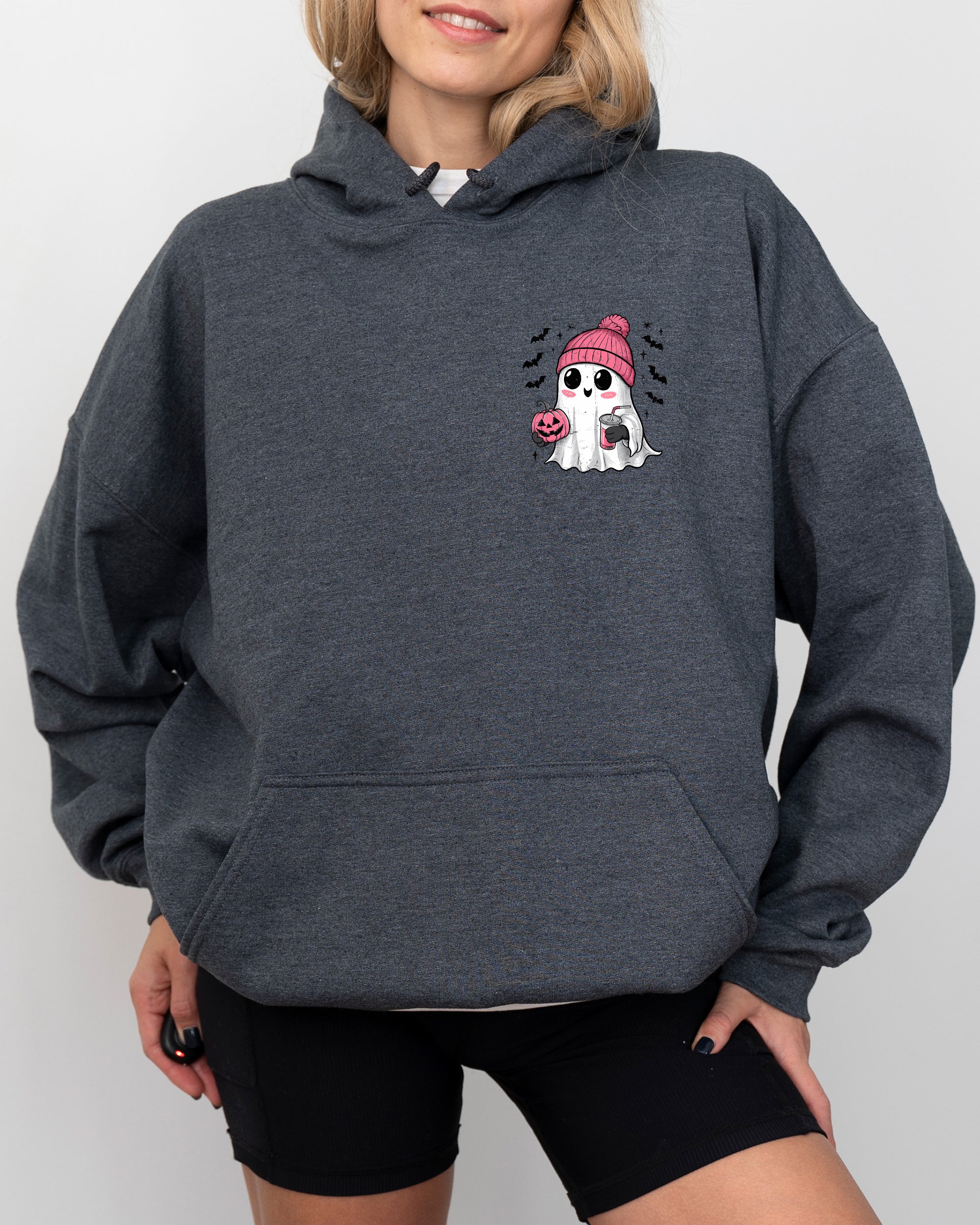 Cute Pink Ghost Pocket Print Halloween Coffee Bats Cozy Night Graphic Design Collection Hooded Sweatshirt