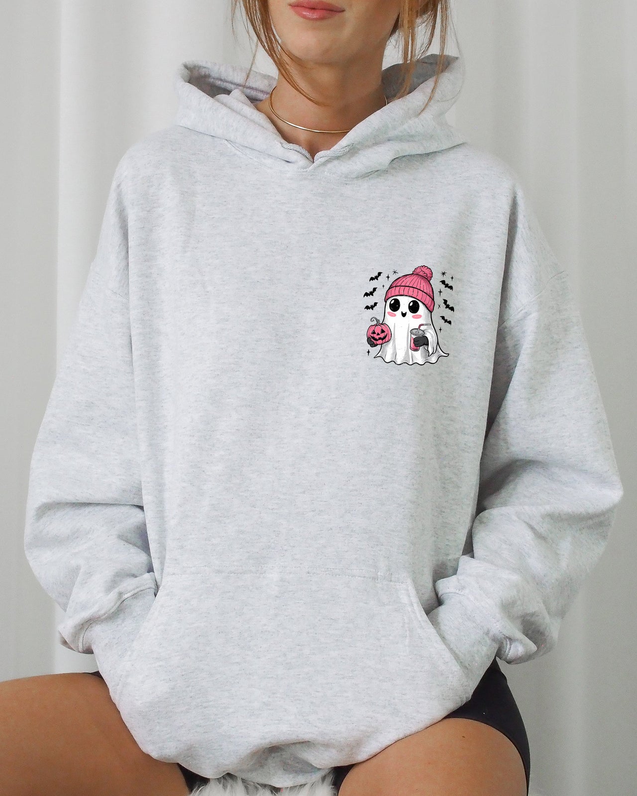 Cute Pink Ghost Pocket Print Halloween Coffee Bats Cozy Night Graphic Design Collection Hooded Sweatshirt