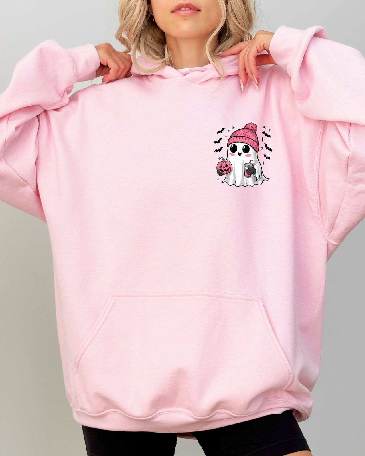 Cute Pink Ghost Pocket Print Halloween Coffee Bats Cozy Night Graphic Design Collection Hooded Sweatshirt