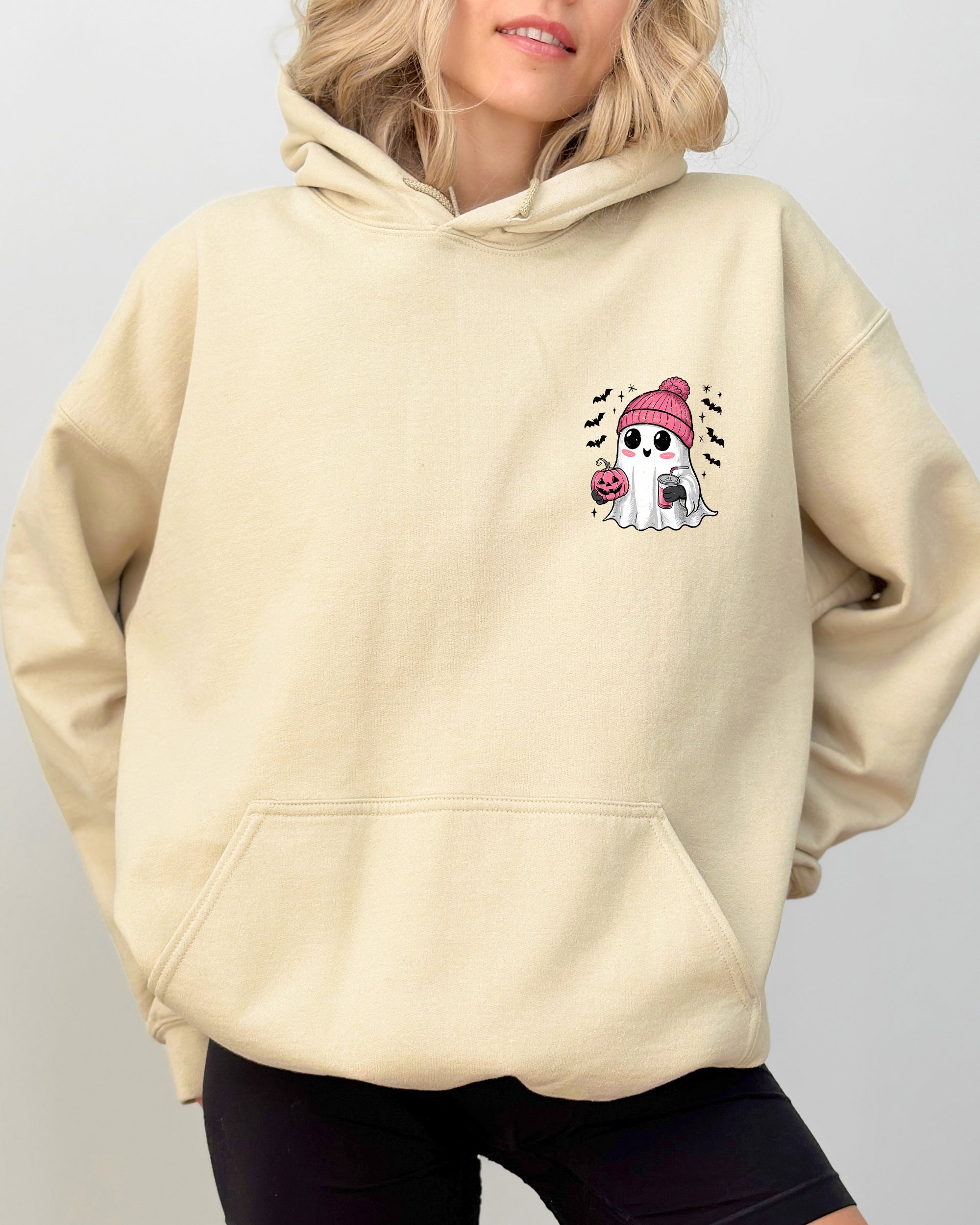 Cute Pink Ghost Pocket Print Halloween Coffee Bats Cozy Night Graphic Design Collection Hooded Sweatshirt