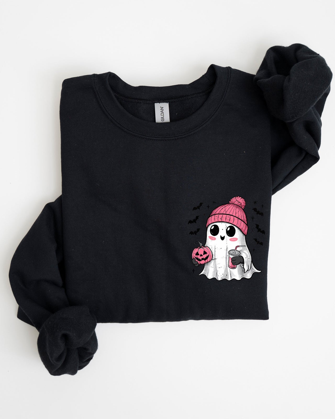 Cute Pink Ghost Pocket Print Halloween Coffee Bats Cozy Fall Seasonal Sweatshirt