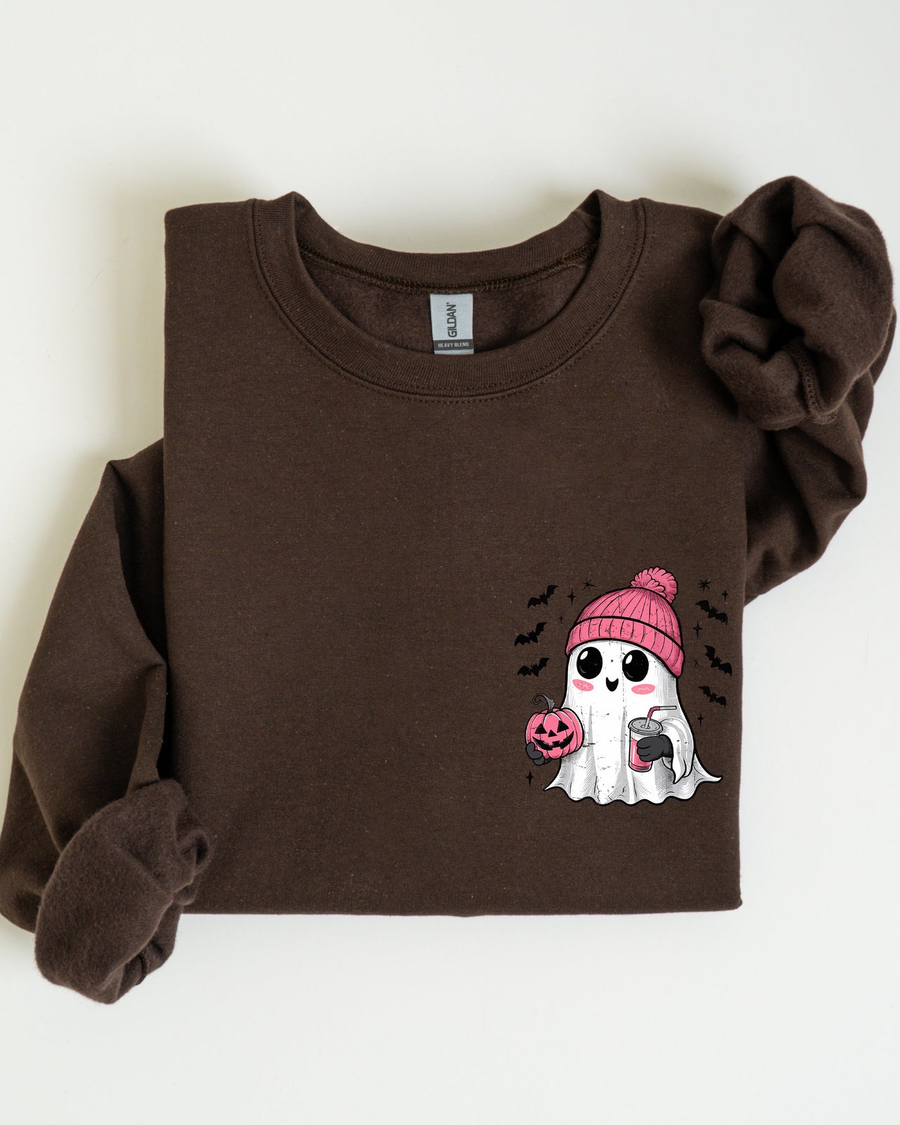 Cute Pink Ghost Pocket Print Halloween Coffee Bats Cozy Fall Seasonal Sweatshirt